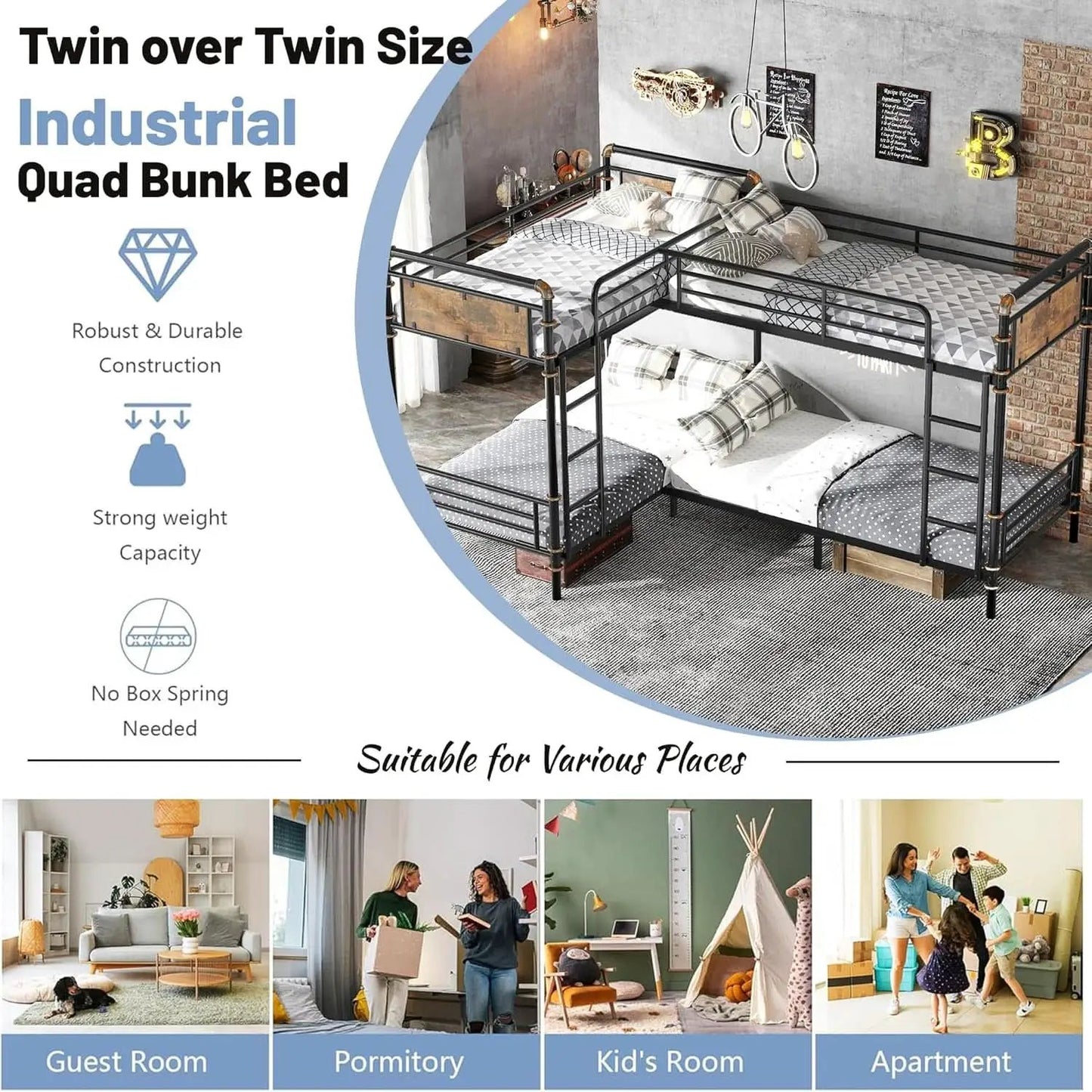 Quad Bunk Bed Twin Size Metal With Ladders Detachable Black from PriceLows™