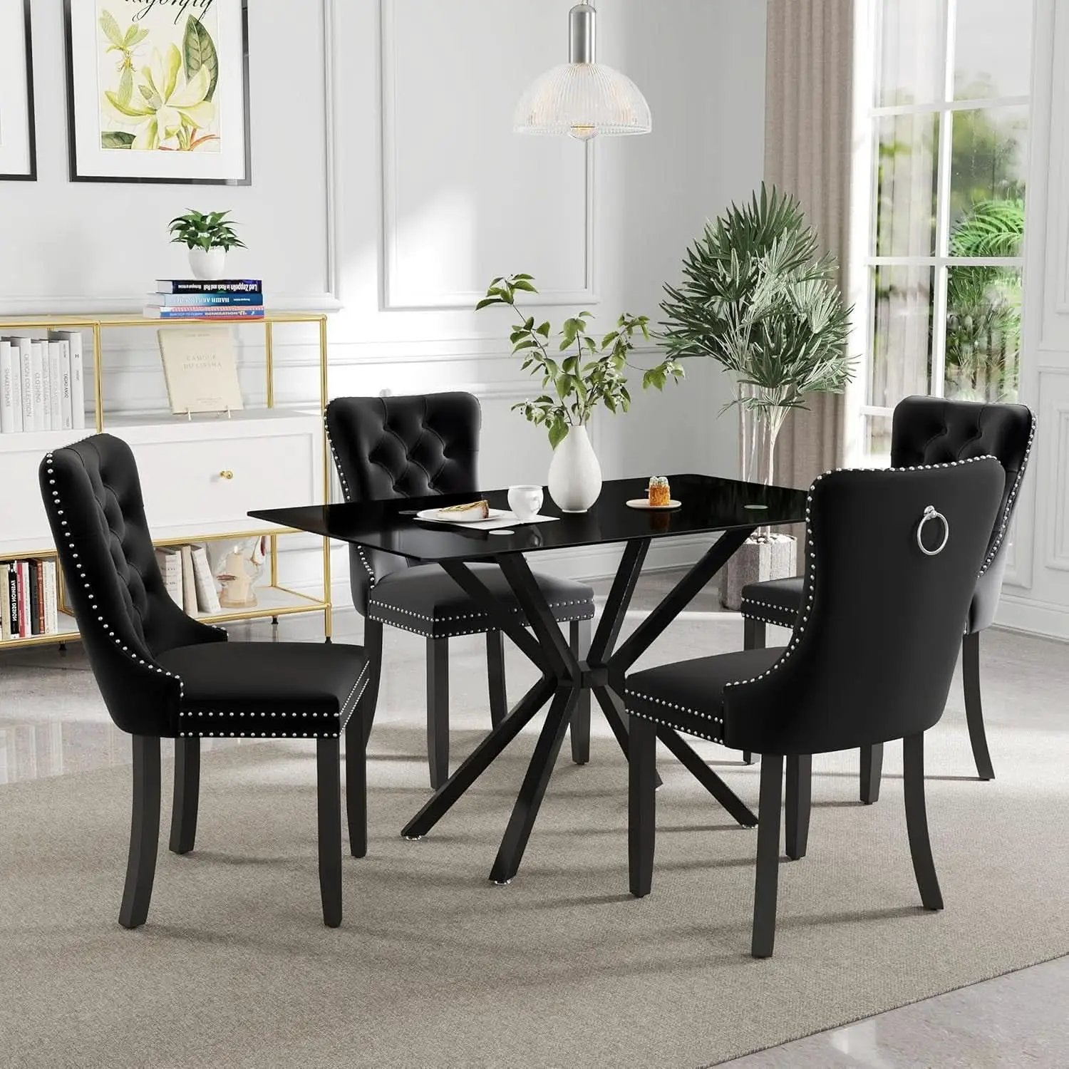 BlackGlassDiningSetForFourTuftedChairsWithNonSlipFeet from PriceLows™