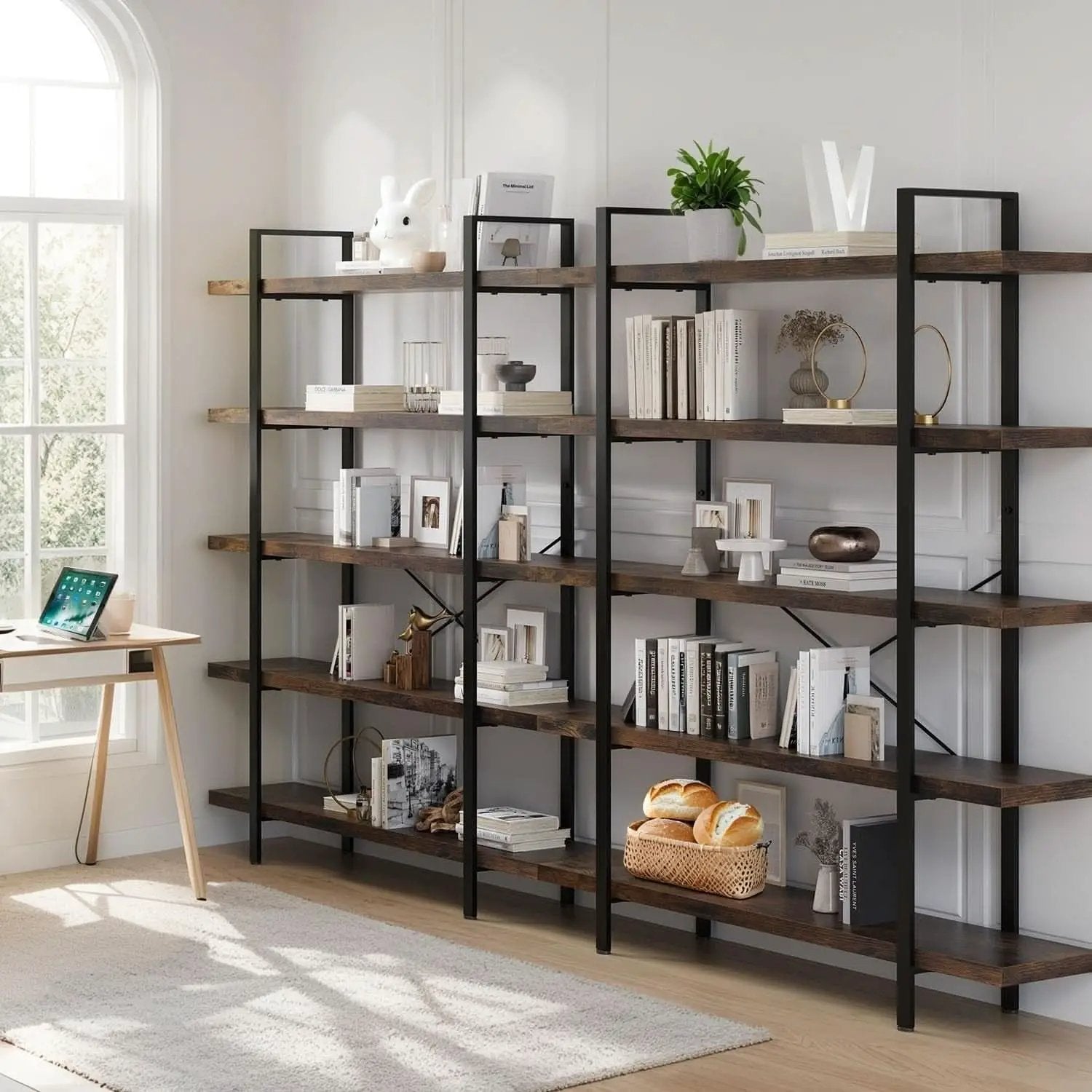Brown 47 Inch Wide Industrial Bookcase Open Shelves from PriceLows™
