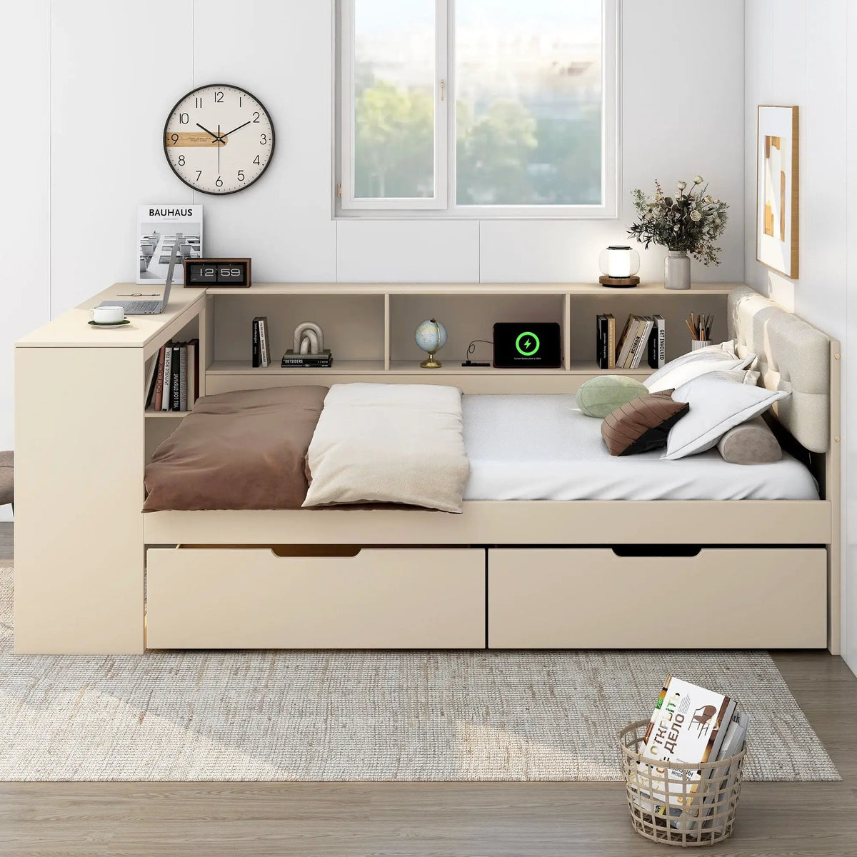 Upholstered Headboard Platform Bed | Storage Shelves | Two Drawers | Charging Station
