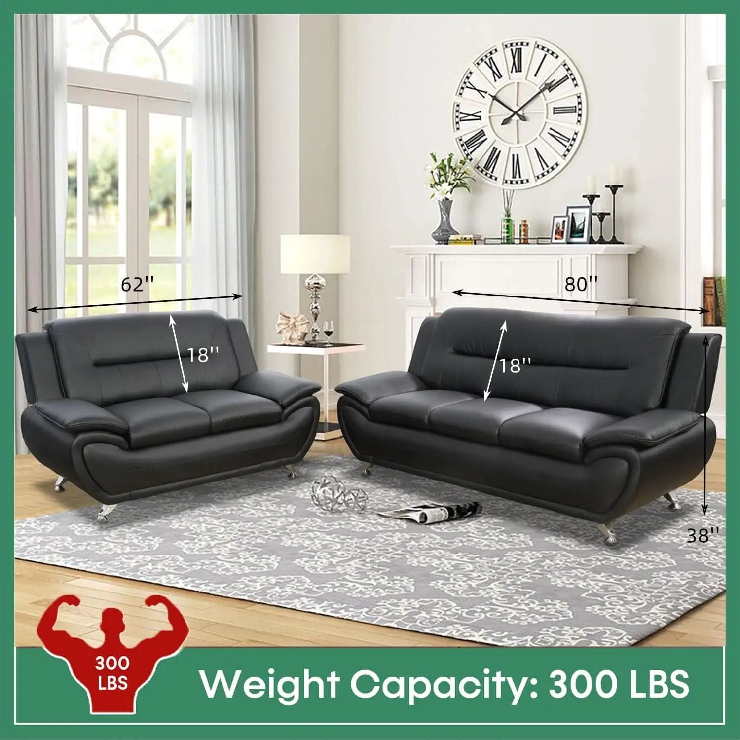 Leather Sofa Set 3 Piece Black Living Room Furniture from PriceLows™