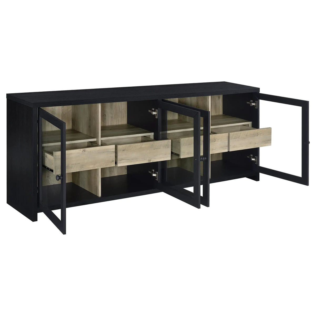 Denison 79-inch 4-door TV Stand Media Console | 79 x 15.5 x 30 in | Engineered Wood & Glass | Black