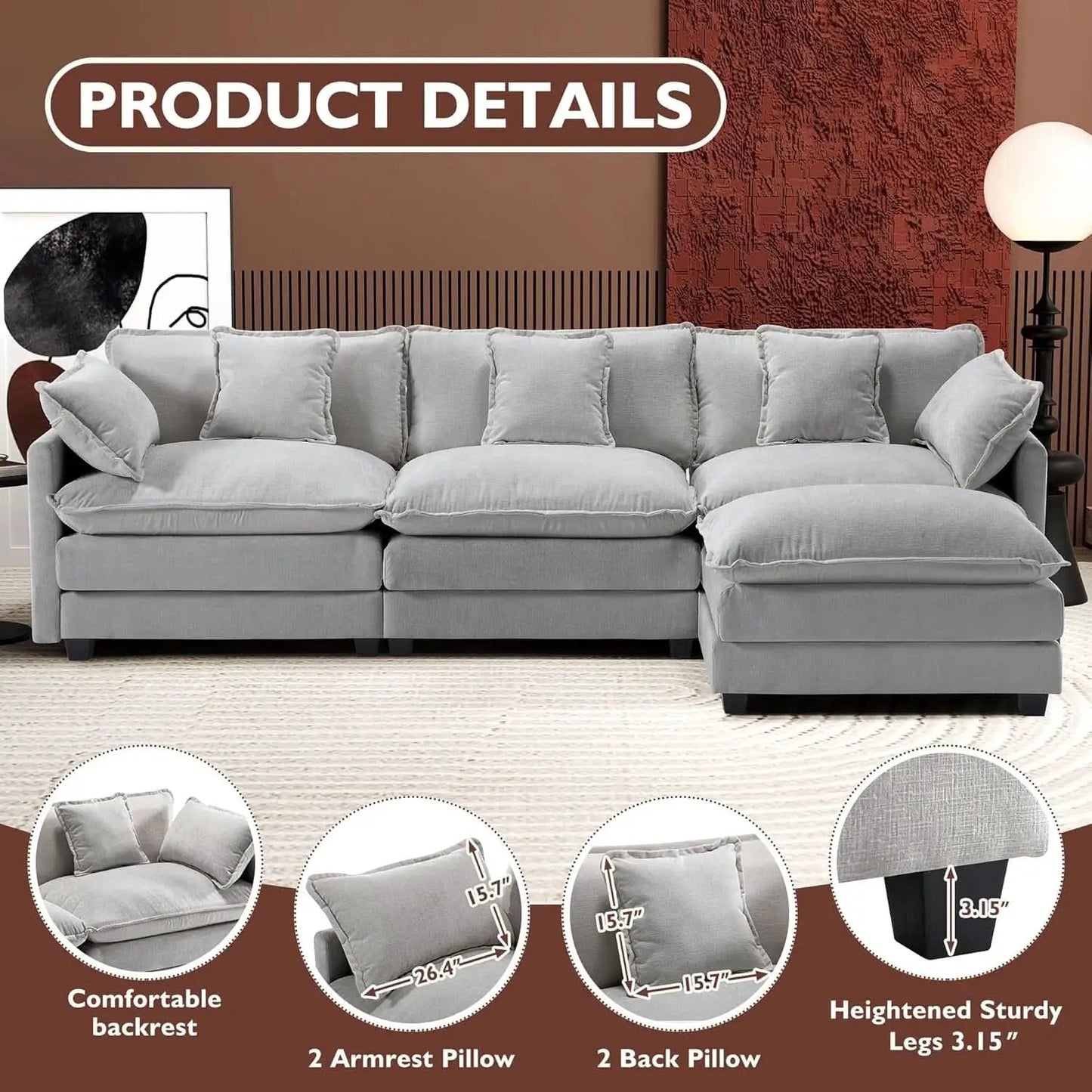 111 Inch L Shaped Modern Glam Sofa Sectional With Ottoman Cloud Foam Cushions Grey Chenille from PriceLows™