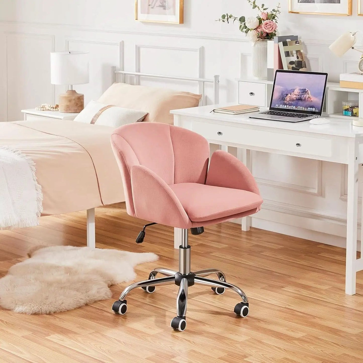 Pink Velvet Desk Chair With Wheels And Armrests Swivel Office Chair from PriceLows™