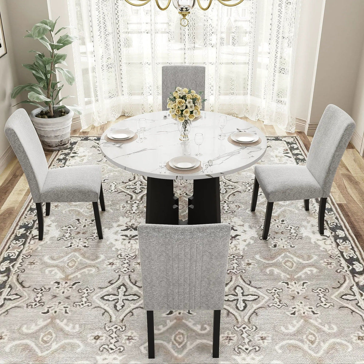 5 Piece Round Dining Table Set, Dining Table And 4 Upholstered Chairs For Dining | 5-Piece Set | Marble & Linen | Gray