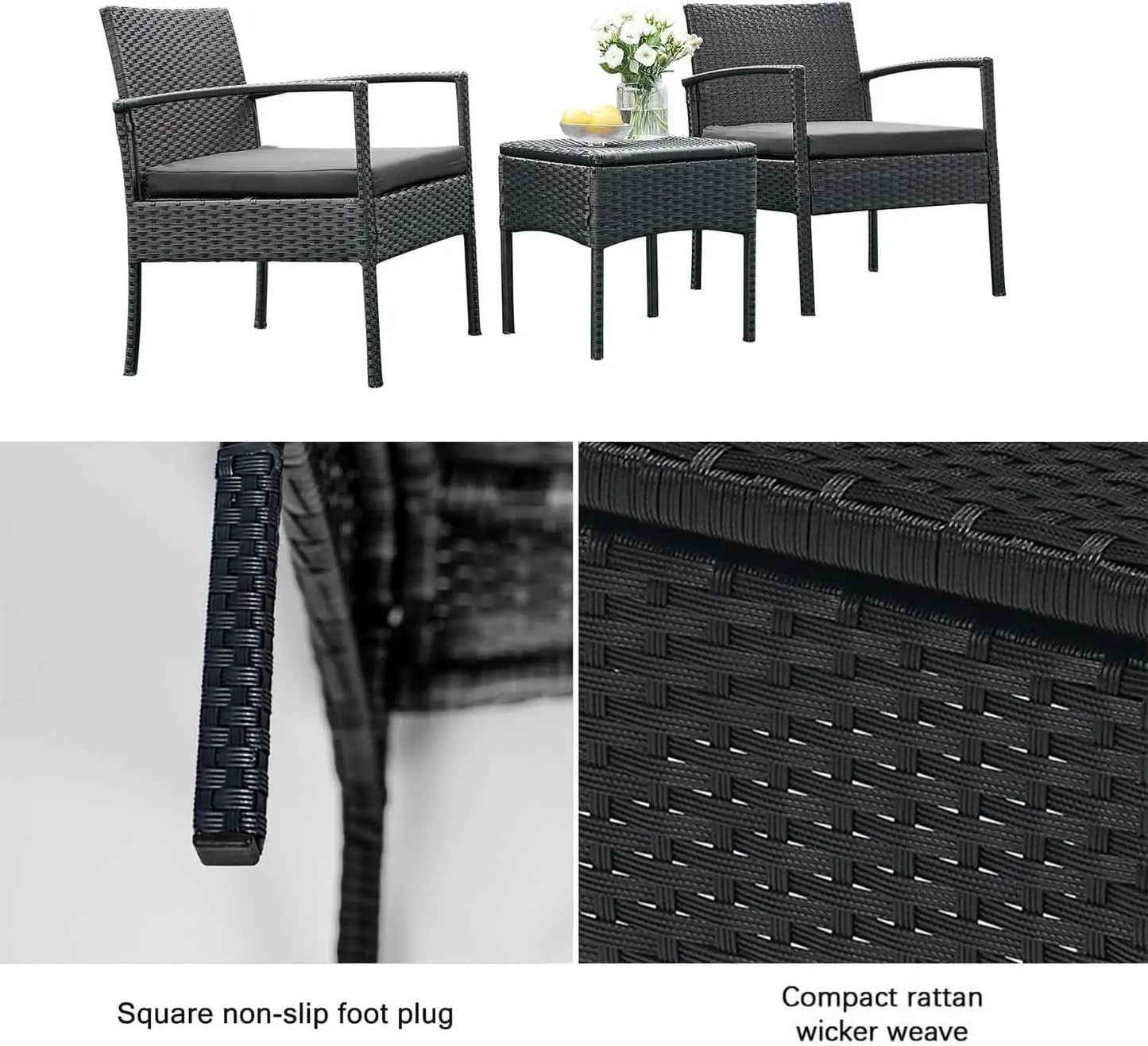 3 Piece Patio Rattan Conversation Chairs Set Outdoor Furniture Black Wicker For Garden Balcony Porch Yard from PriceLows™