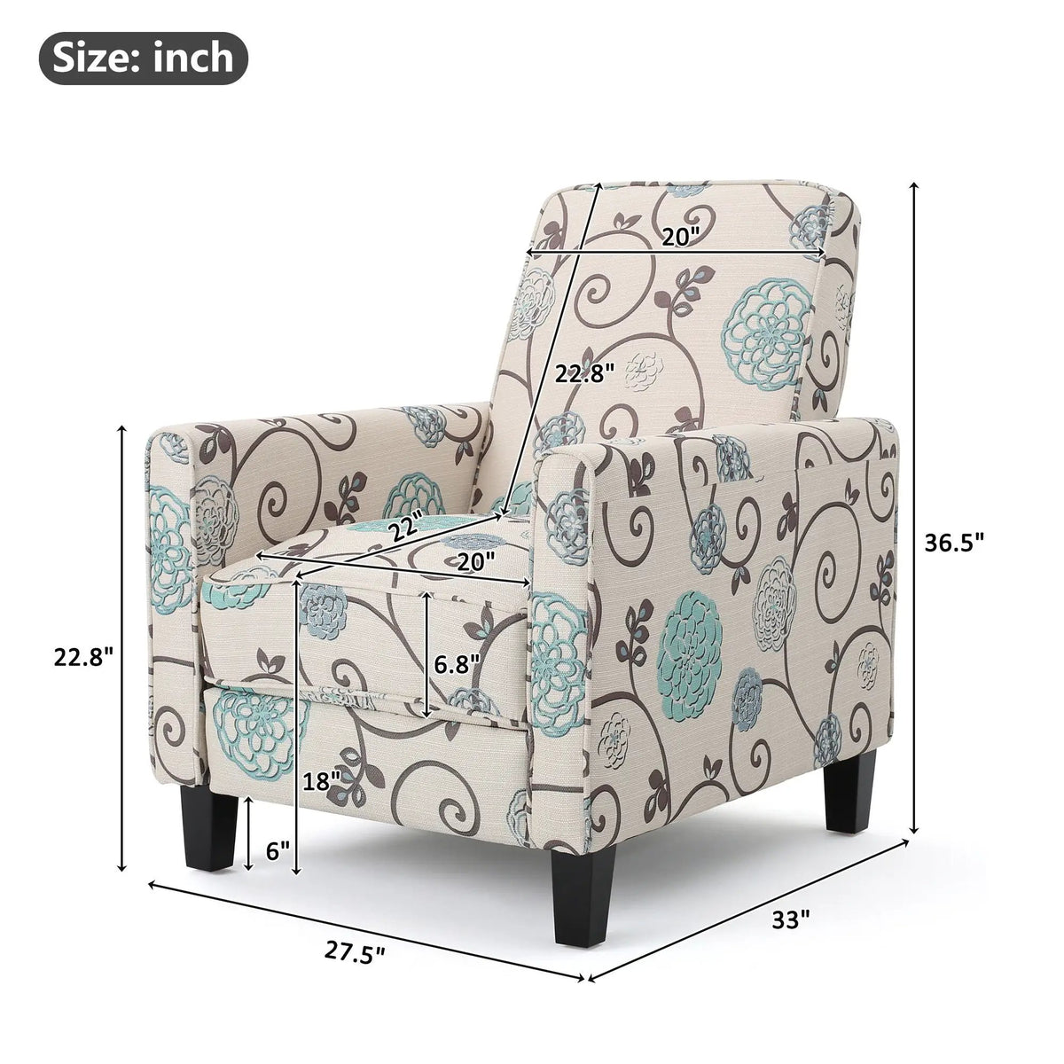 Push Back Upholstered Recliner Armchair | Extendable Footrest | Beech Wood Legs | 3 Reclining Positions