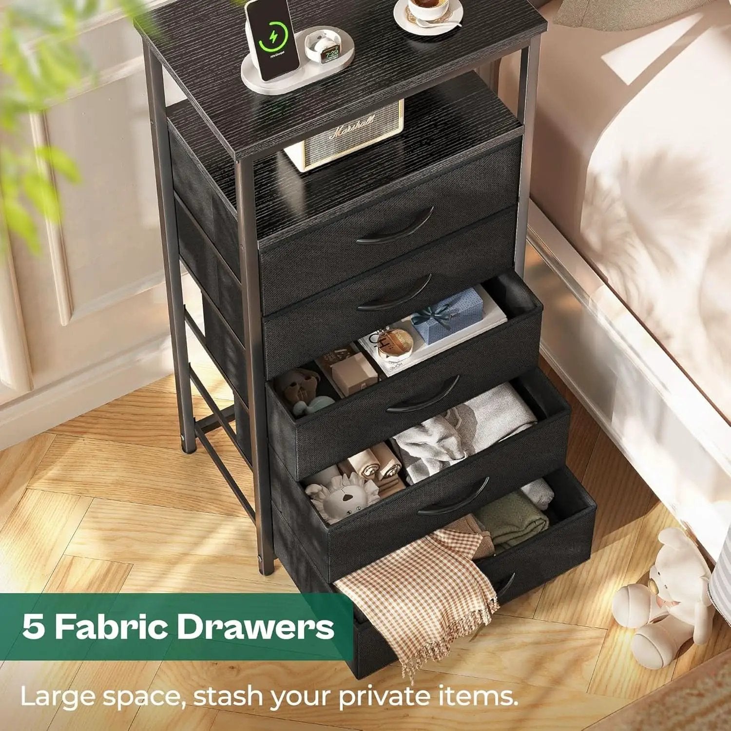 Black Five Drawer Dresser With Integrated Charging Station from PriceLows™