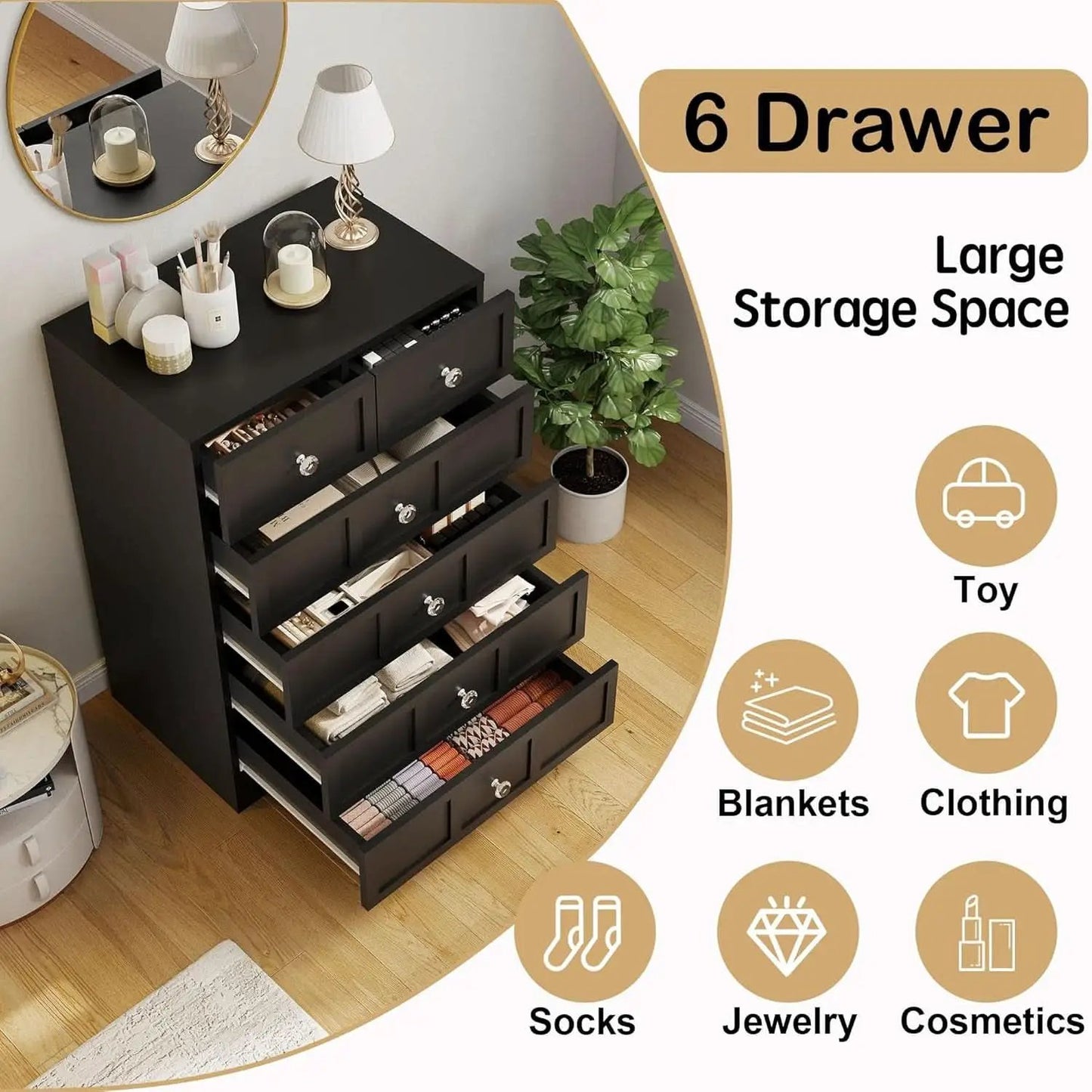 Black Fluted 24 Inch Dresser For Bedroom Storage Solutions from PriceLows™