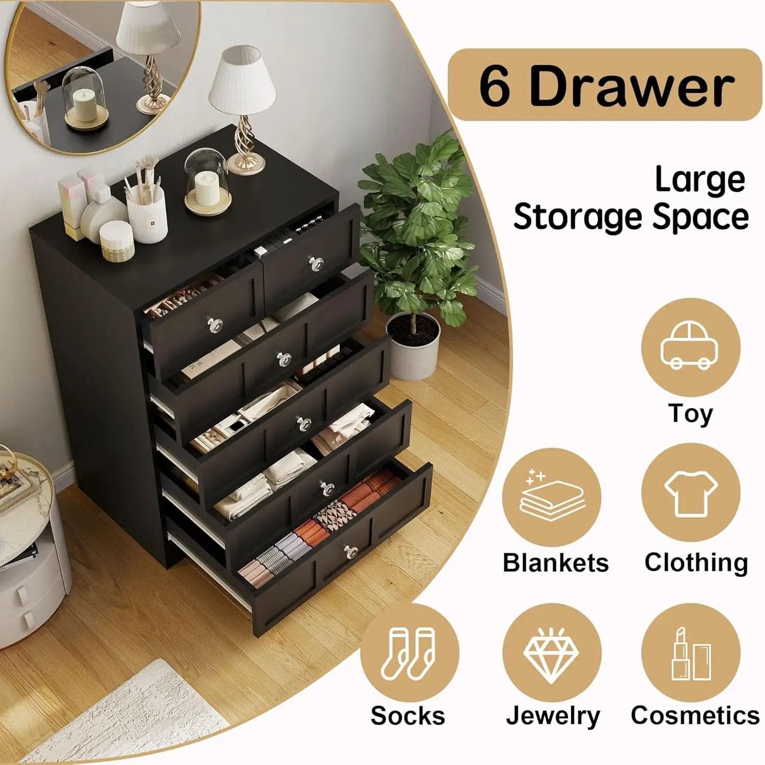 Black Fluted 24 Inch Dresser For Bedroom Storage Solutions from PriceLows™