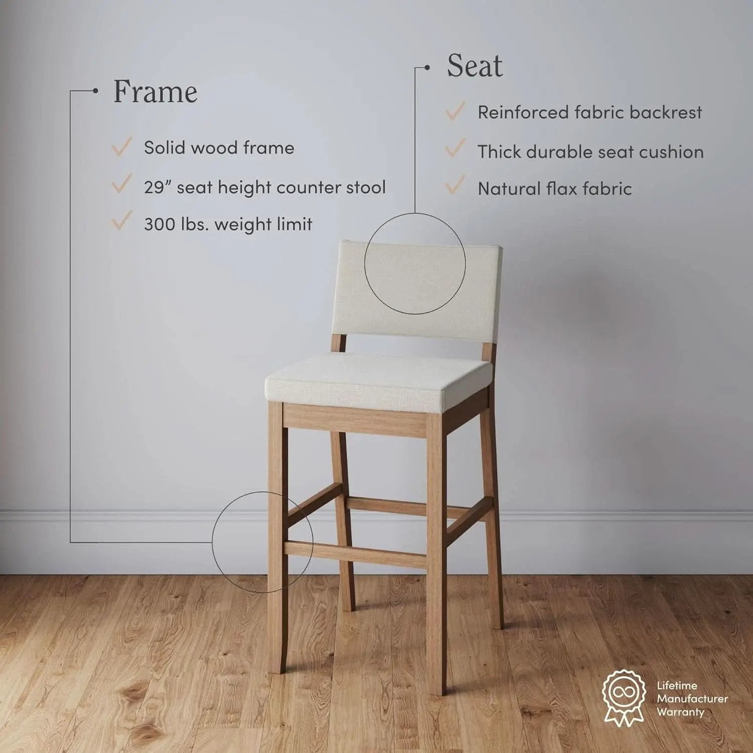 Bar Stool With Back Upholstered In Natural Flax Fabric from PriceLows™