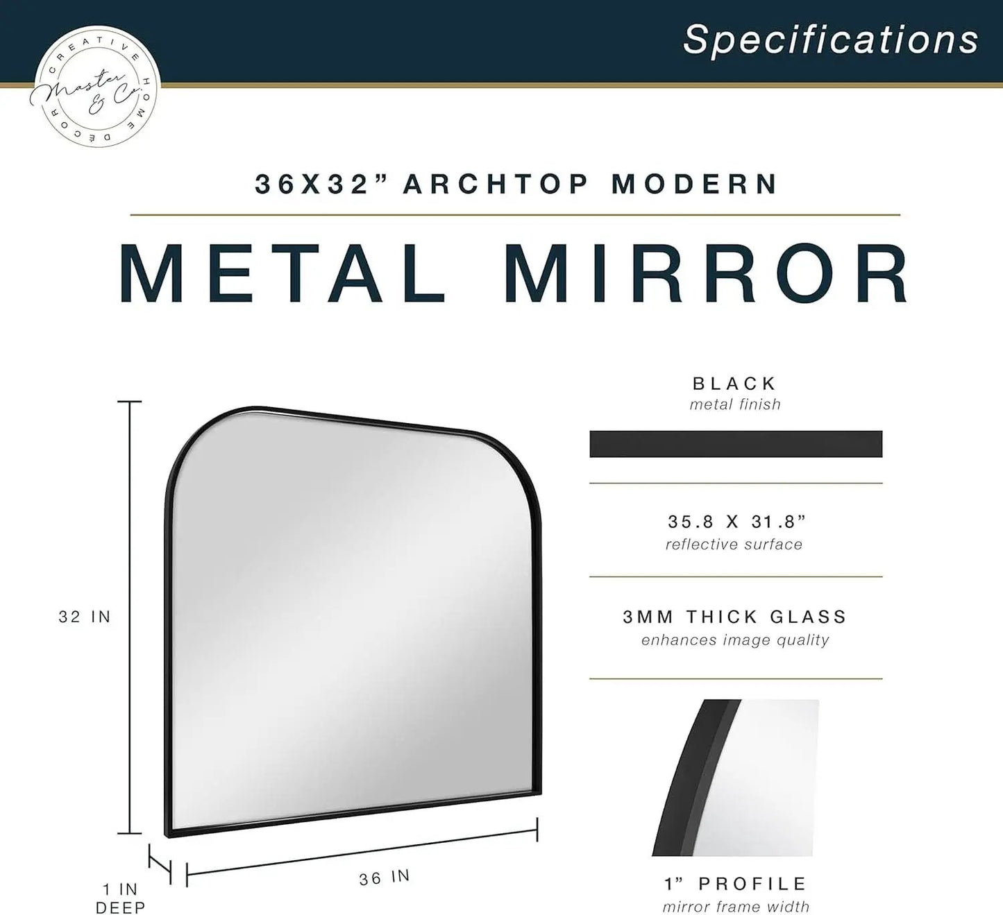 Master And Co Modern Metal Arch Wall Mirror 36x32 Black from PriceLows™