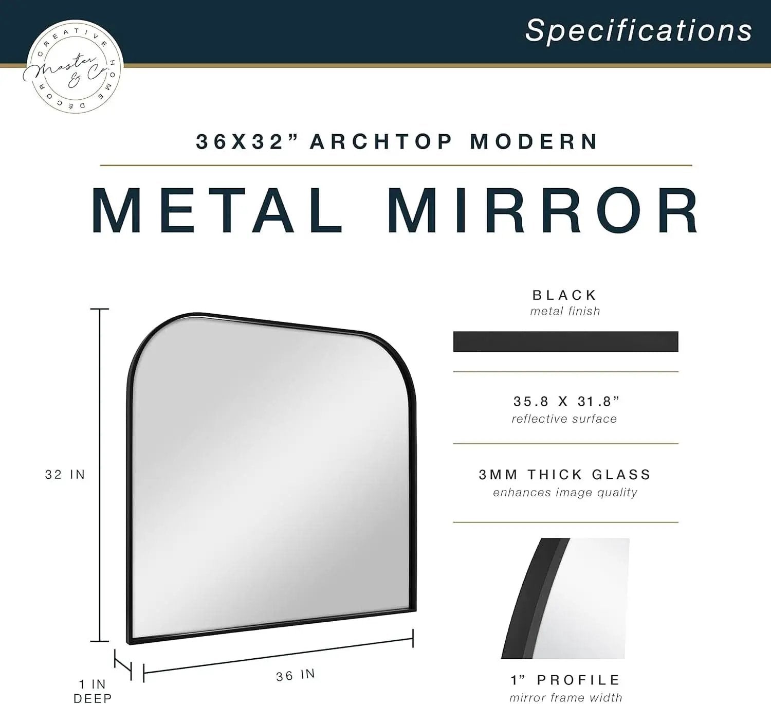 Master And Co Modern Metal Arch Wall Mirror 36x32 Black from PriceLows™