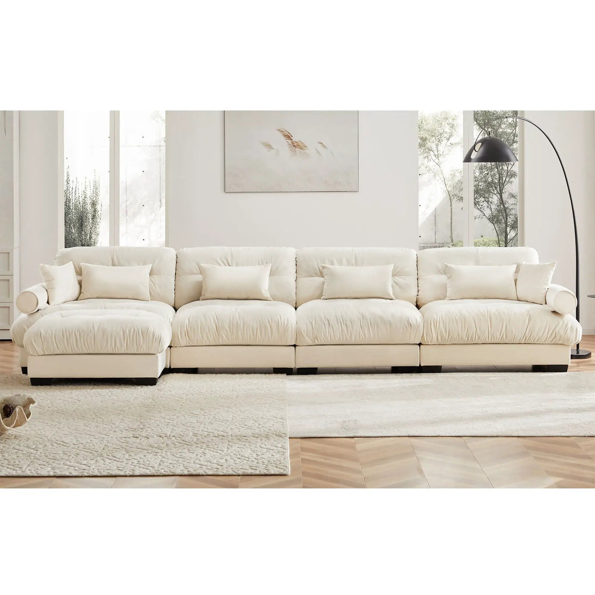 Modular Sectional Sofa | Deep Comfort Cushions | Vintage Fabric Ottoman