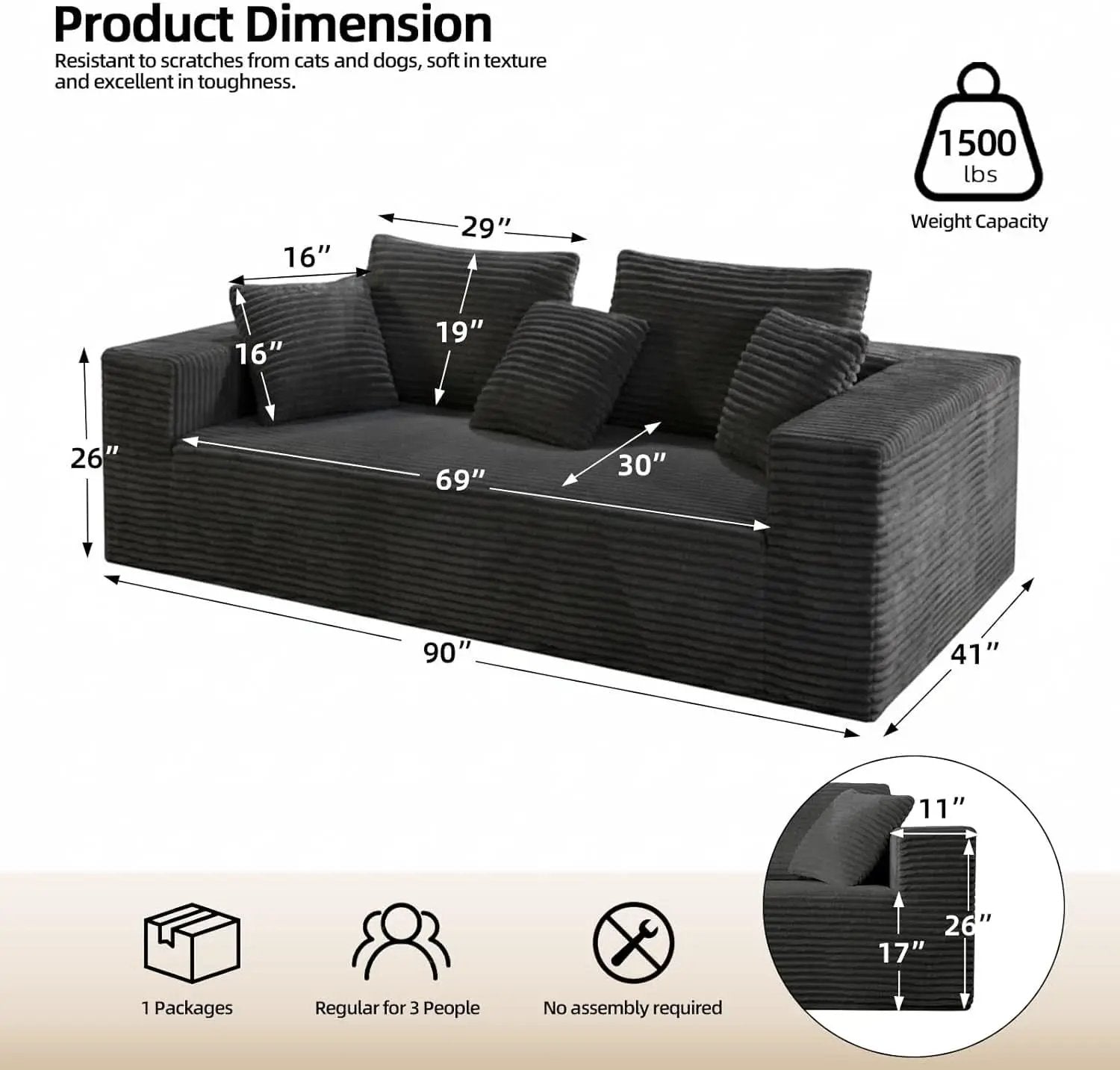 3-Seater Corduroy Sleeper Sofa No Assembly Lounge from PriceLows™