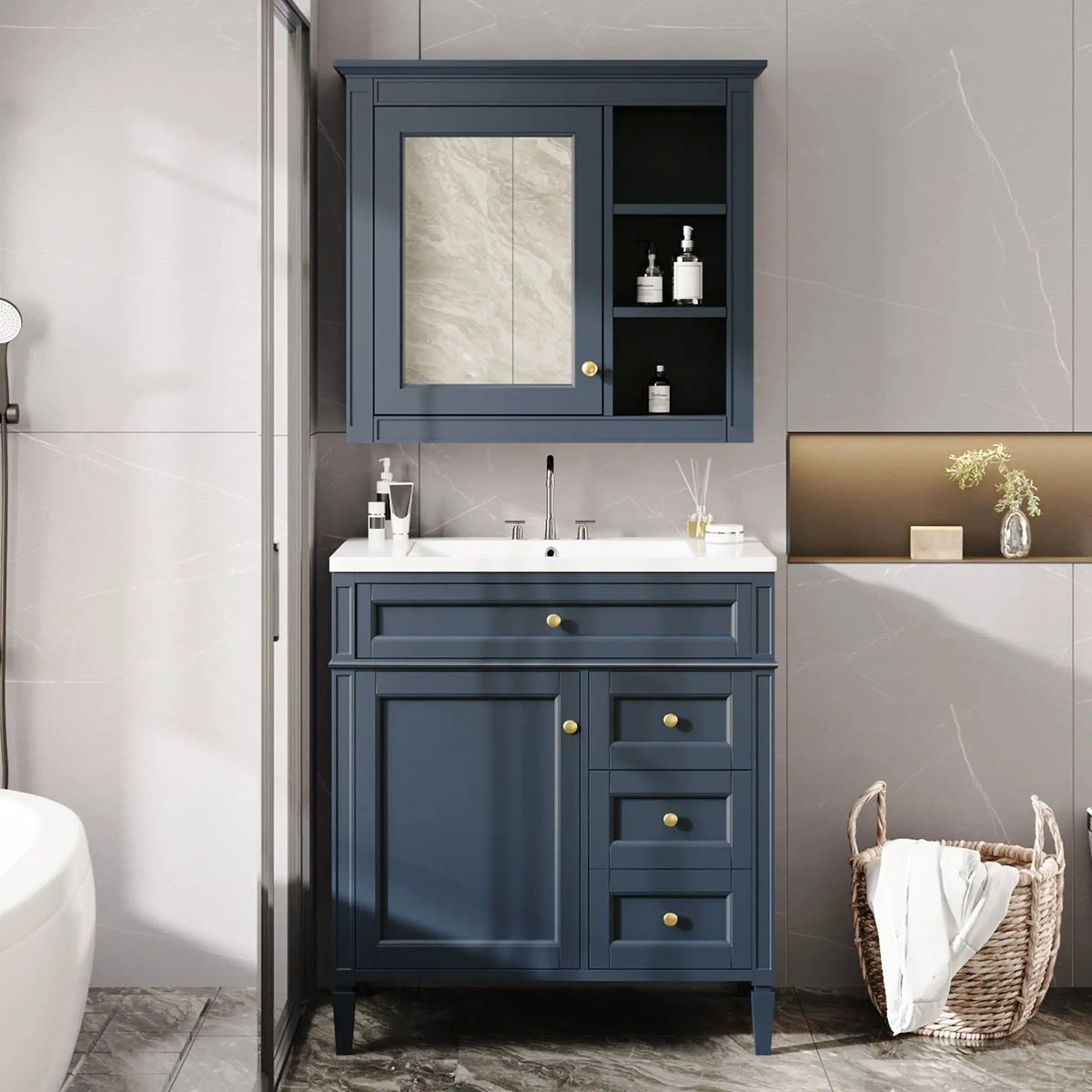 Bathroom Vanity With Top Sink, 2 Doors And 3 Drawers, Freestanding Set With Mirror | Vanity & Cabinet | Solid Wood & Ceramic | Bathroom
