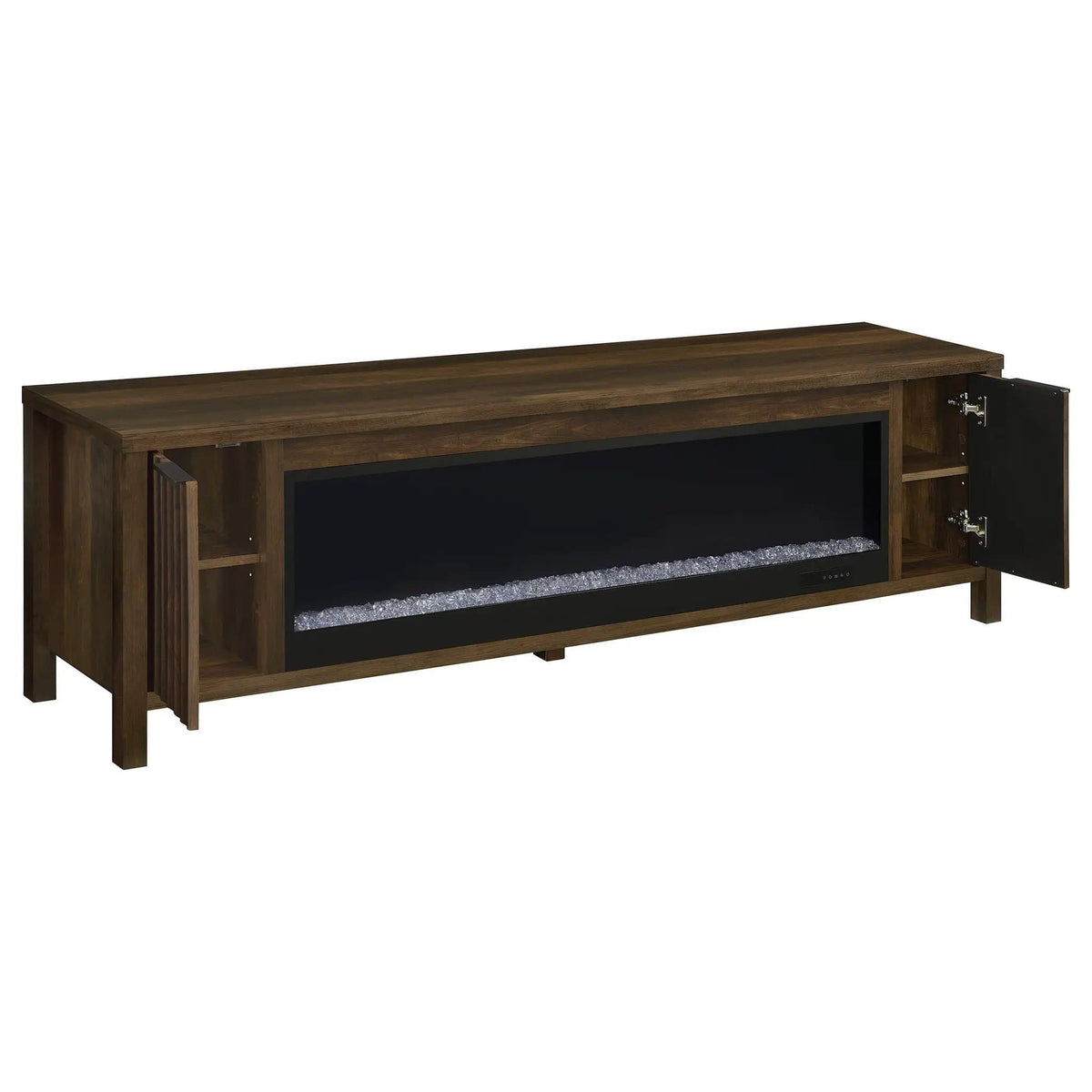 Carey 79-inch TV Stand Fireplace Media Console Dark Pine | 78.75 x 15.5 x 22.75 in | Glass | Living Room
