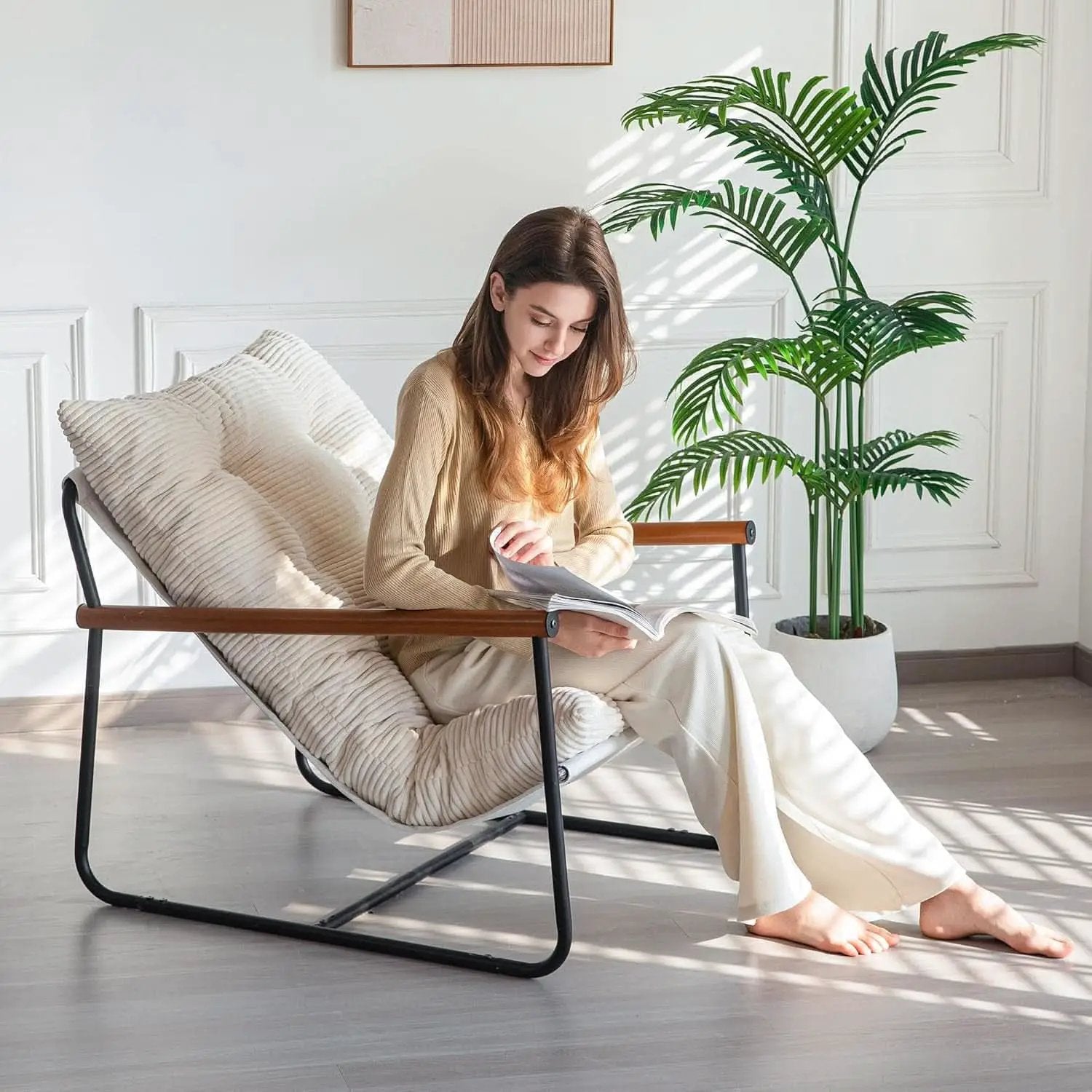 Beige Upholstered Contemporary Accent Chair With Armrests from PriceLows™