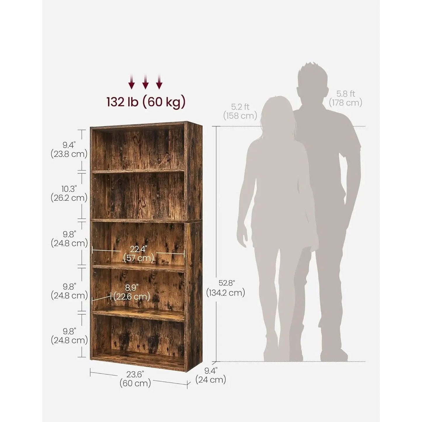 Rustic Brown Bookshelf Five Tier Adjustable Shelves from PriceLows™