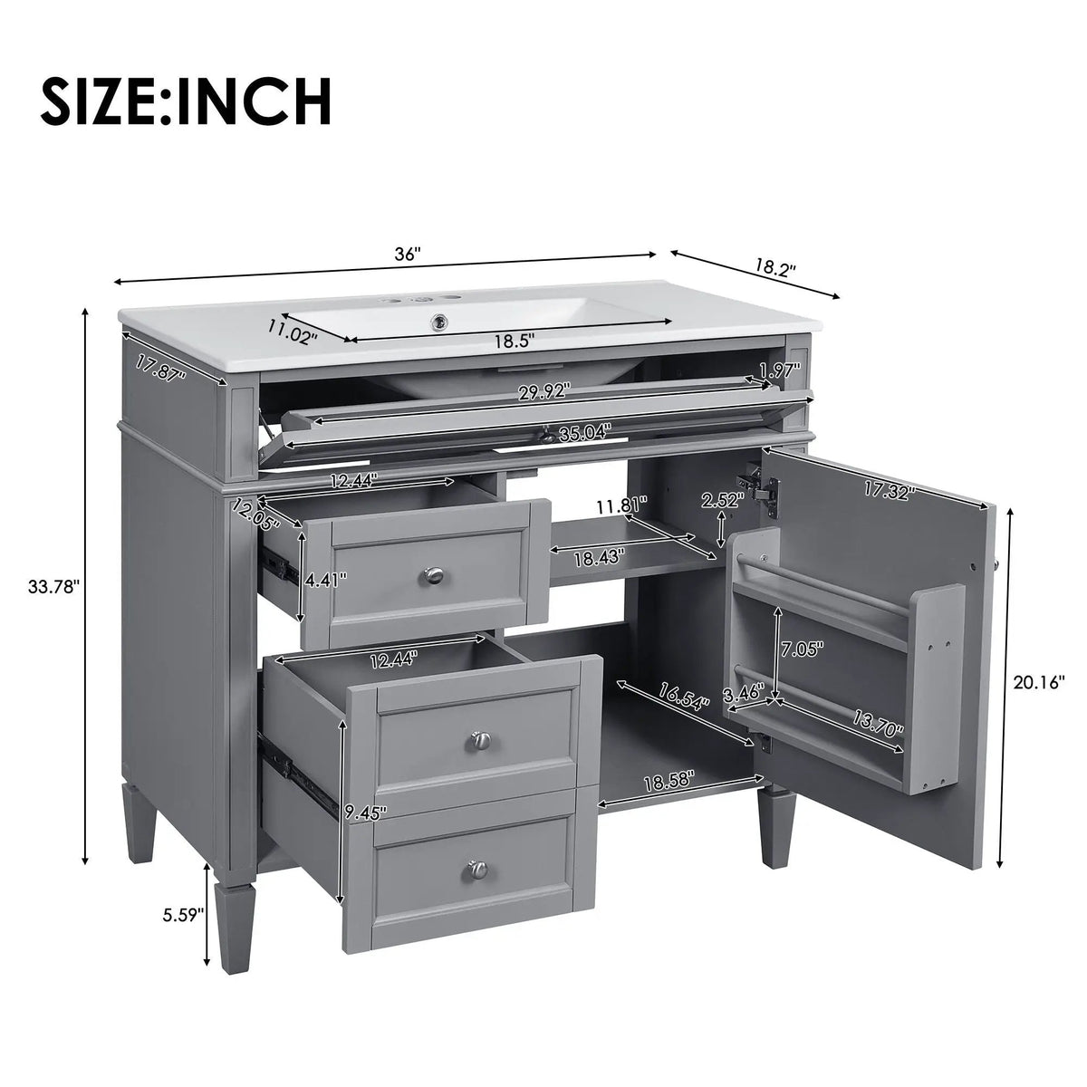 36 Inch Bathroom Vanity With Top Sink | 3 Drawers | Metal Drawer Slides | Ceramic Sink