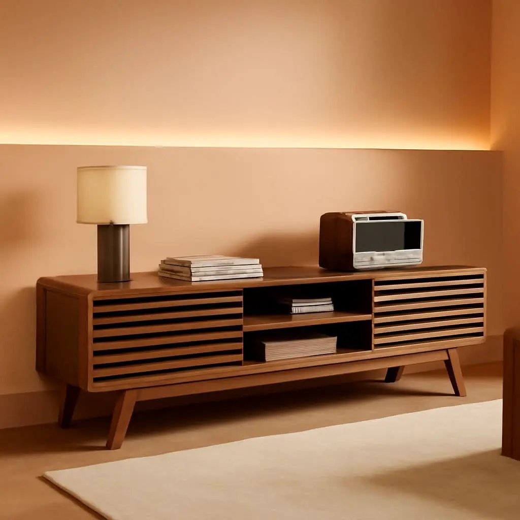 59 Inch Walnut TV Stand Mid Century Modern Console from PriceLows™