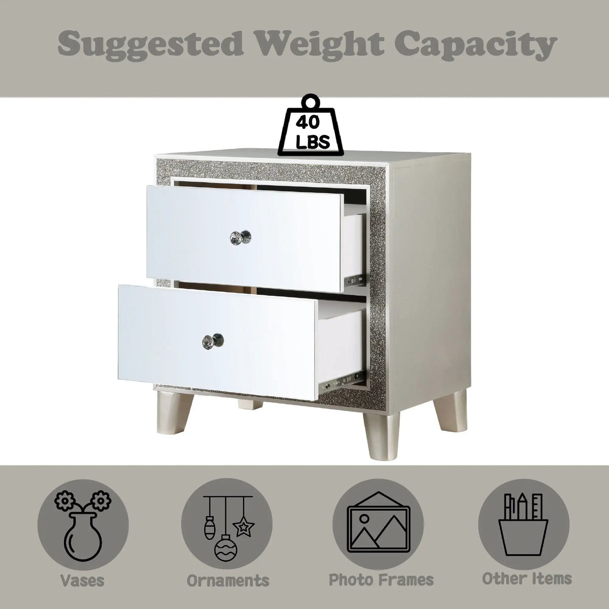 Sliverfluff Mirrored Nightstand | Champagne Finish | Two Drawers | Felt-Lined Top Drawer