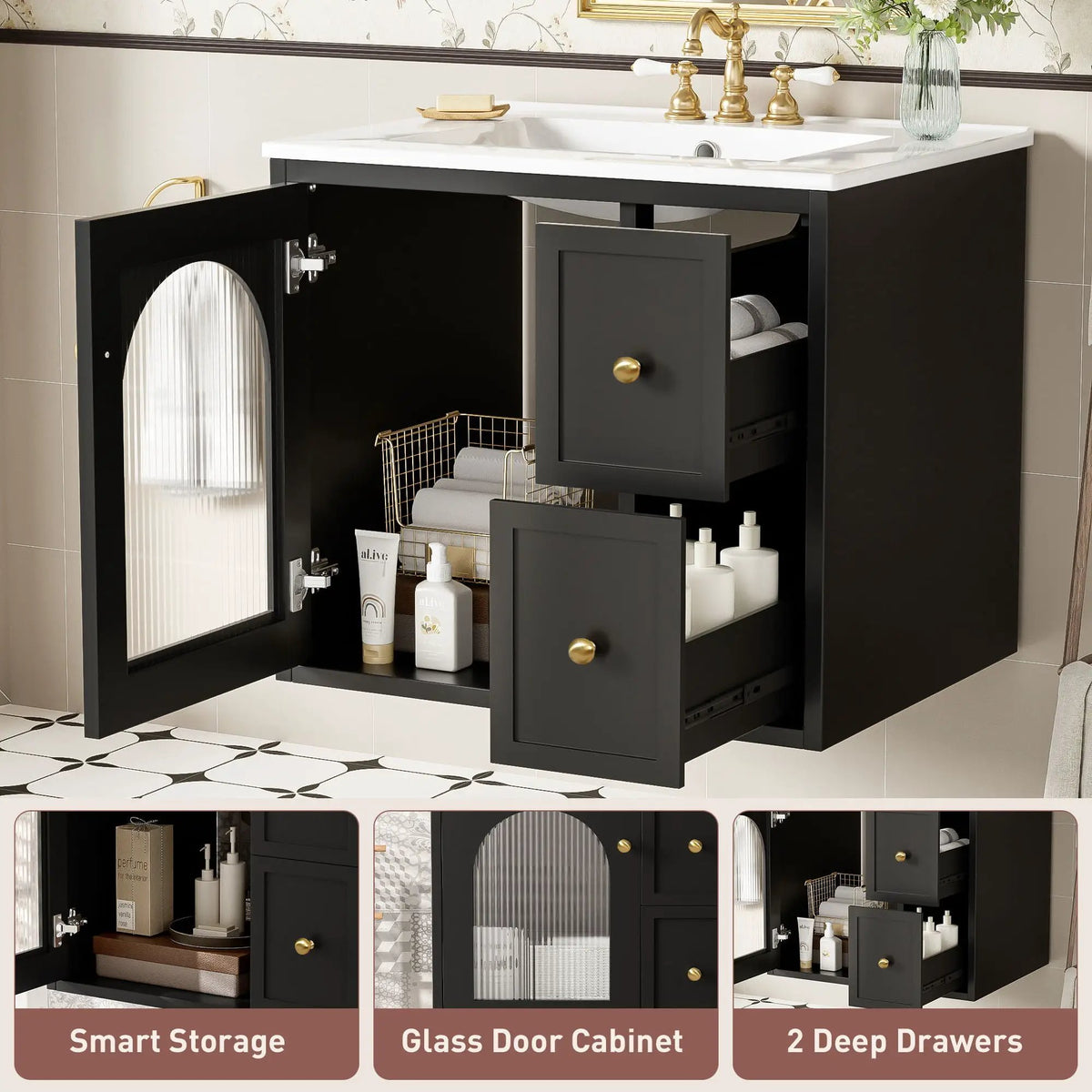 Wall-Mounted Bathroom Vanity Set | Sink Included | 2 Drawers | Soft-Close Glass Door Cabinet
