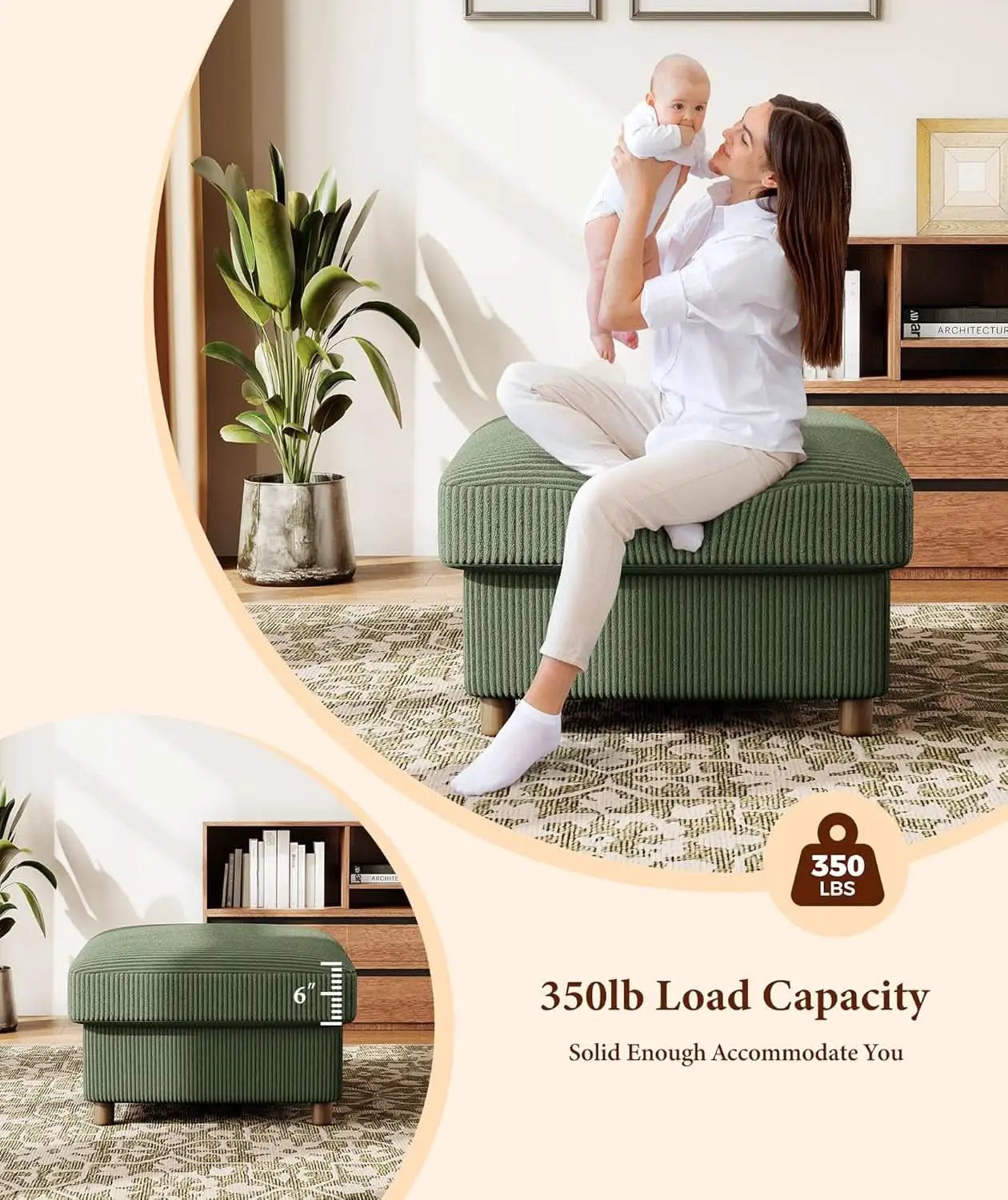Emerald Corduroy Storage Ottoman 25 Inch Cushioned from PriceLows™