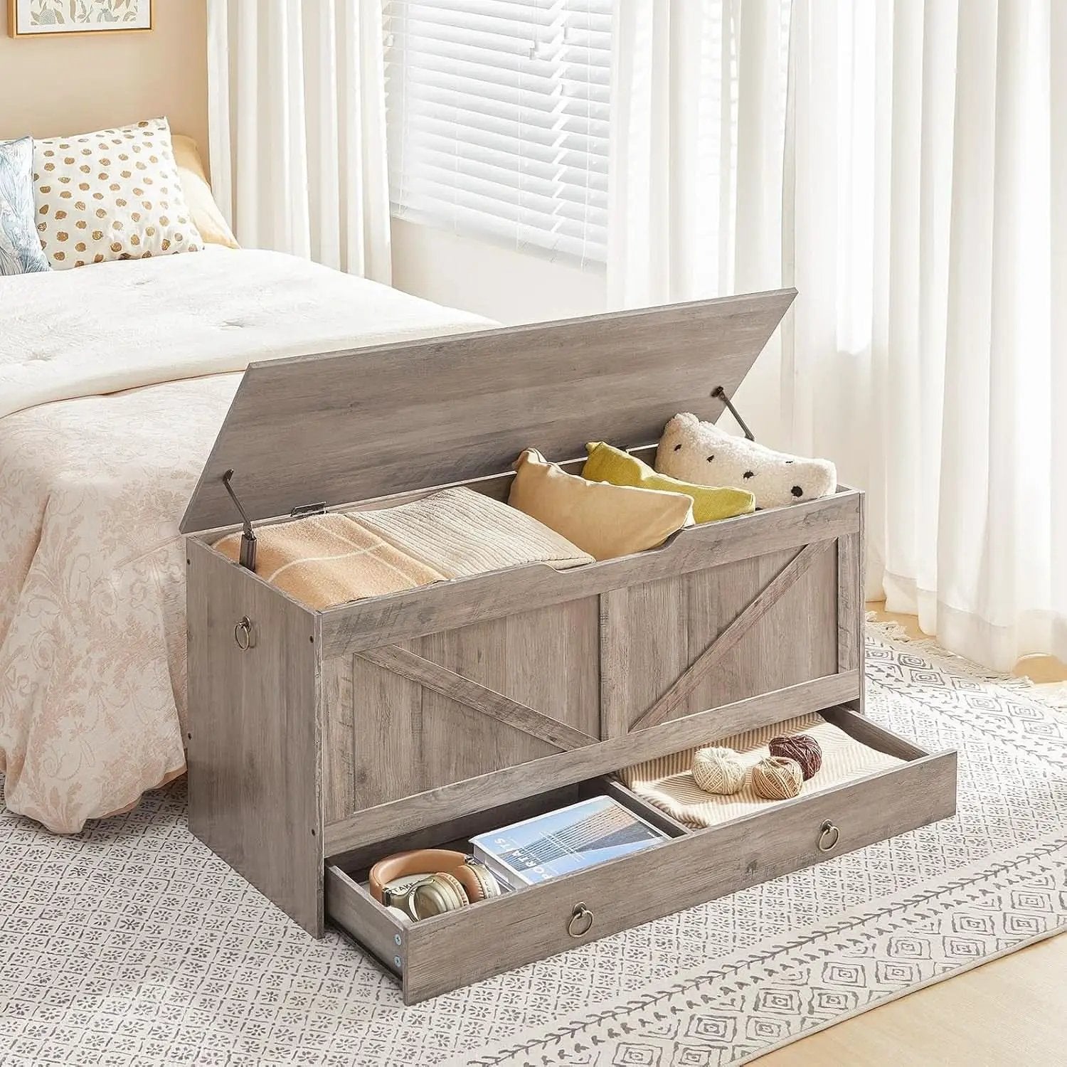 SolidWoodFinish Storage Bench Greige 43Inch Drawer from PriceLows™