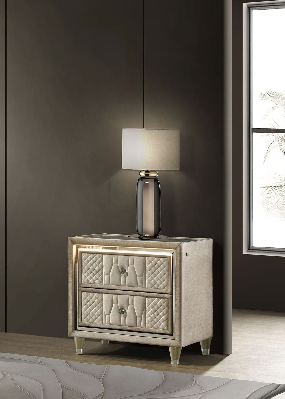 Lorient 2-drawer LED Nightstand with USB Ivory and Camel Nightstands w/ Charging | 27.75 x 16 x 26.25 in | Rubberwood & Velvet | Bedroom