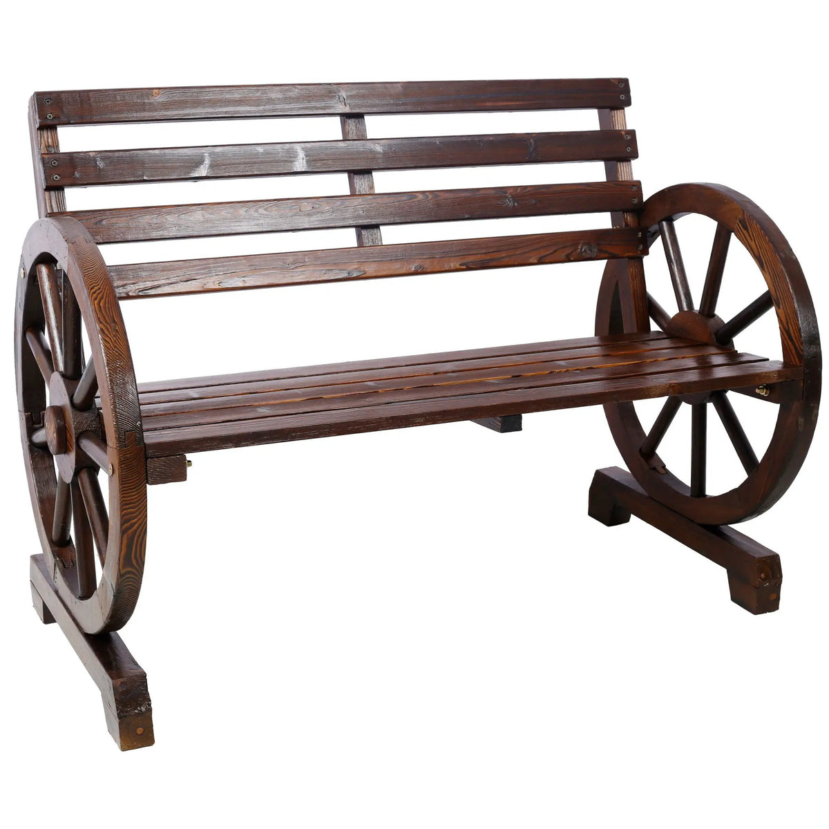 Outdoor Wagon Wheel Bench | Solid Fir Wood | 2 Person | Dark Brown