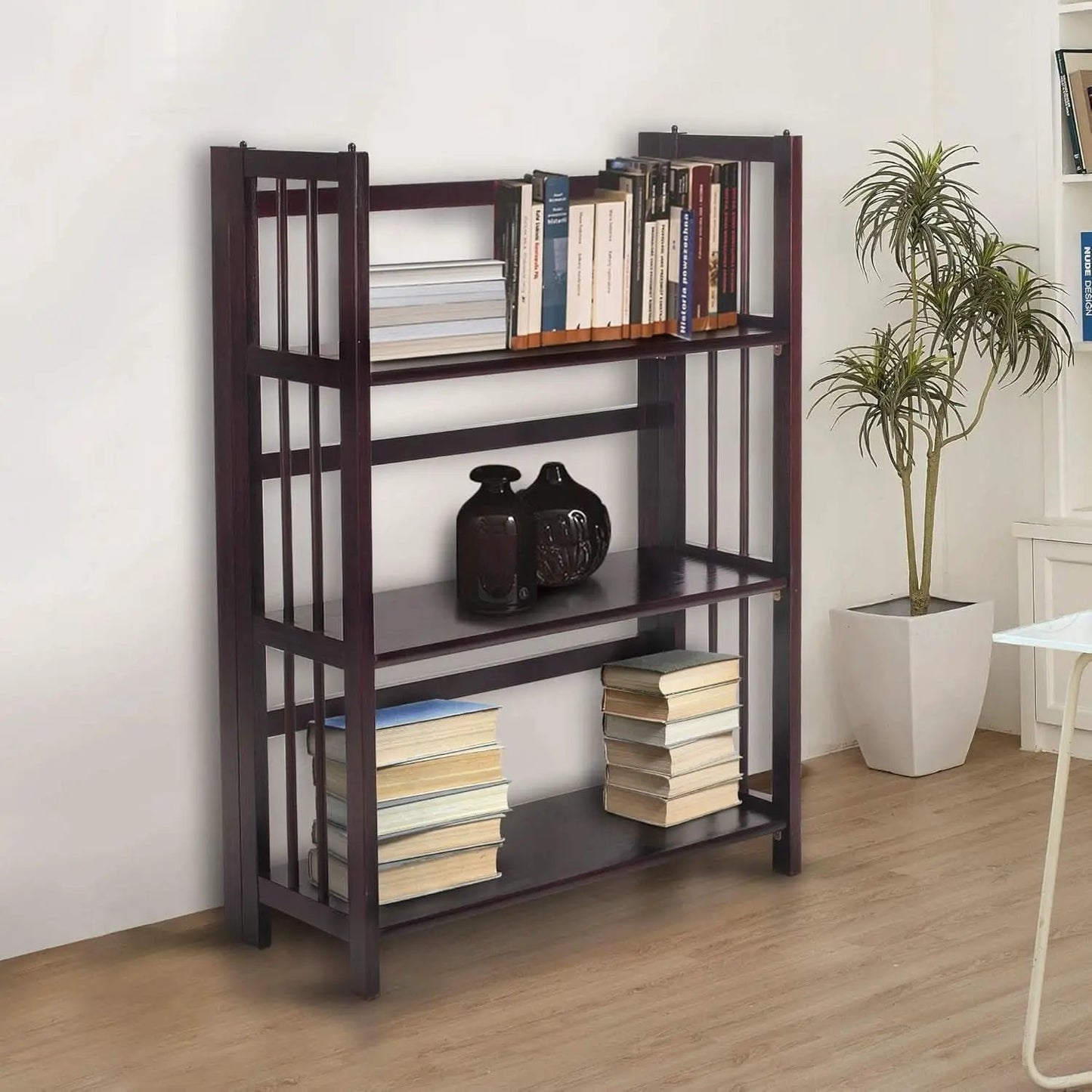 Three Shelf Folding Stackable Bookcase 27.5 Inch Wide Espresso Wood Home Office Storage from PriceLows™