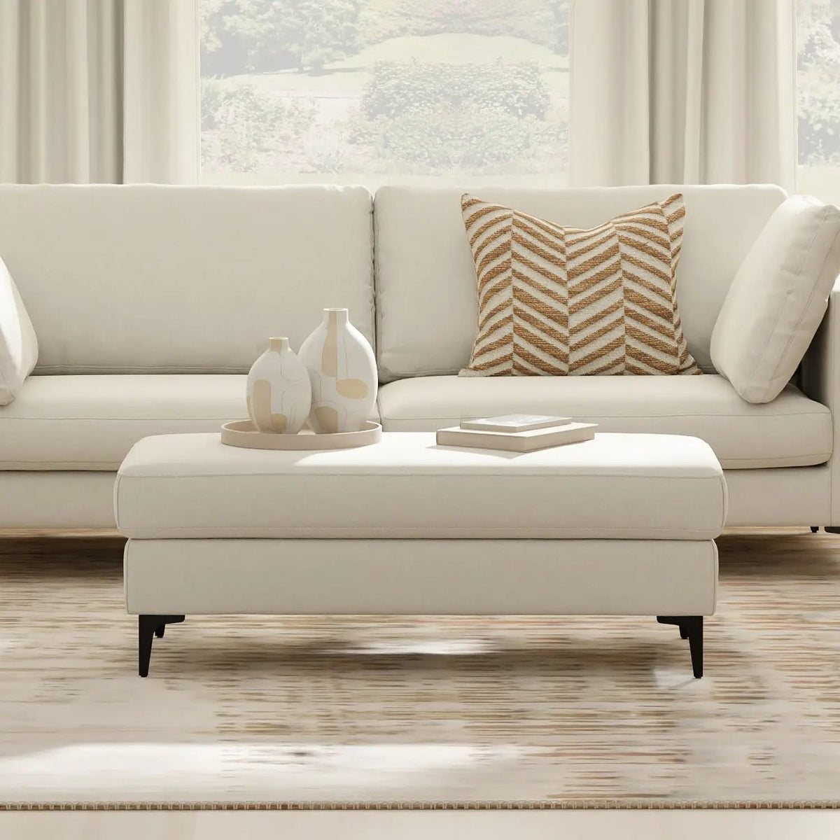 Ava Mid Century Ottoman | Performance Fabric | 100% Recycled Material | 36 Inch Width