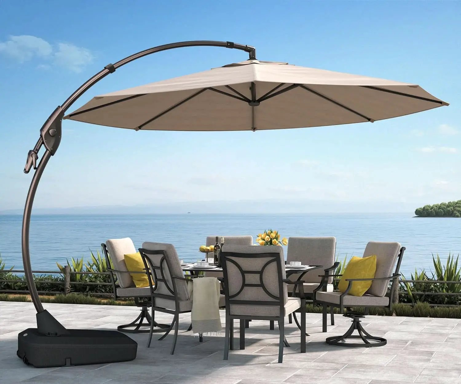 11ft Cantilever Umbrella With Base Champagne Aluminum Outdoor Patio Shade Durable Frame from PriceLows™