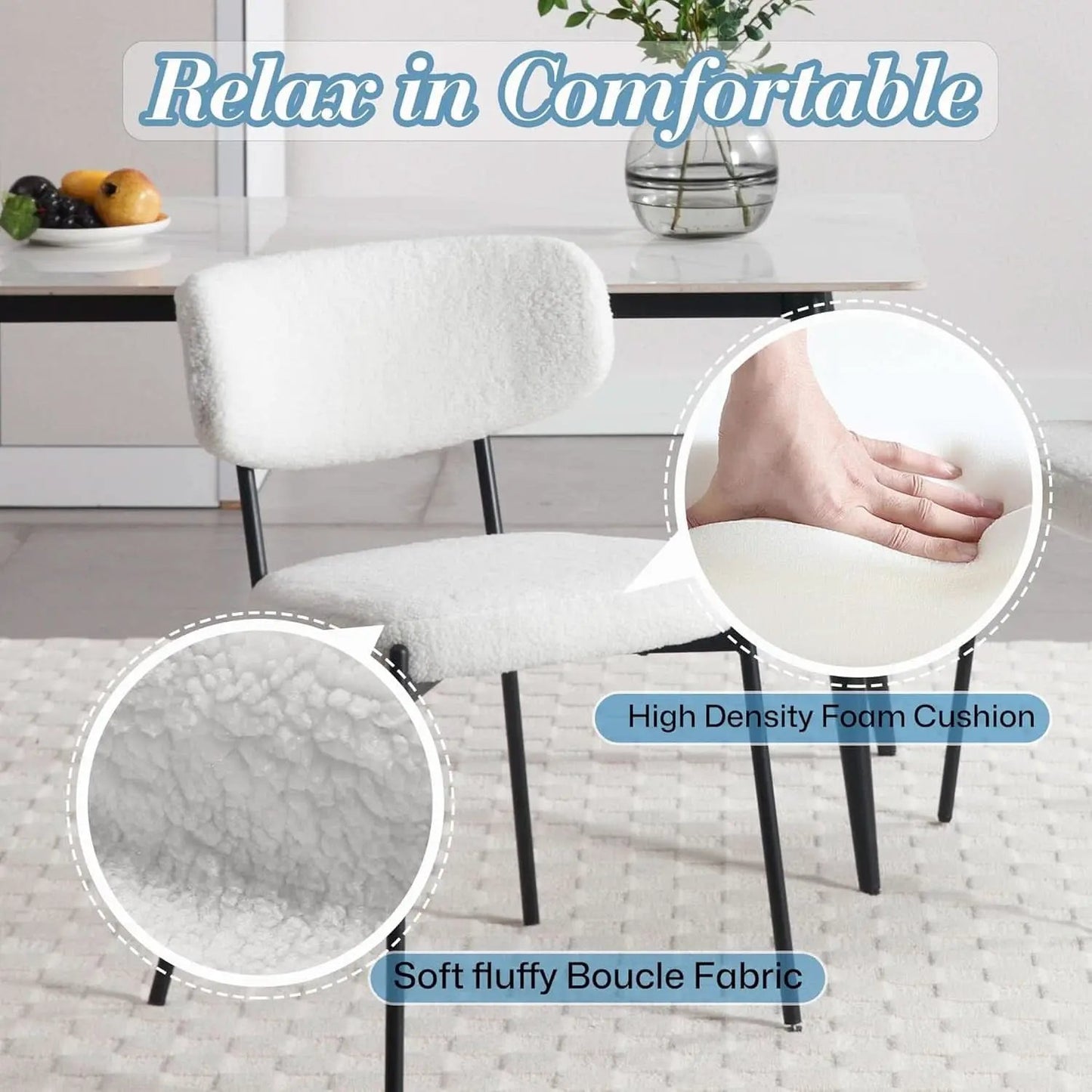 White Boucle Upholstered Dining Chairs Curved Back from PriceLows™