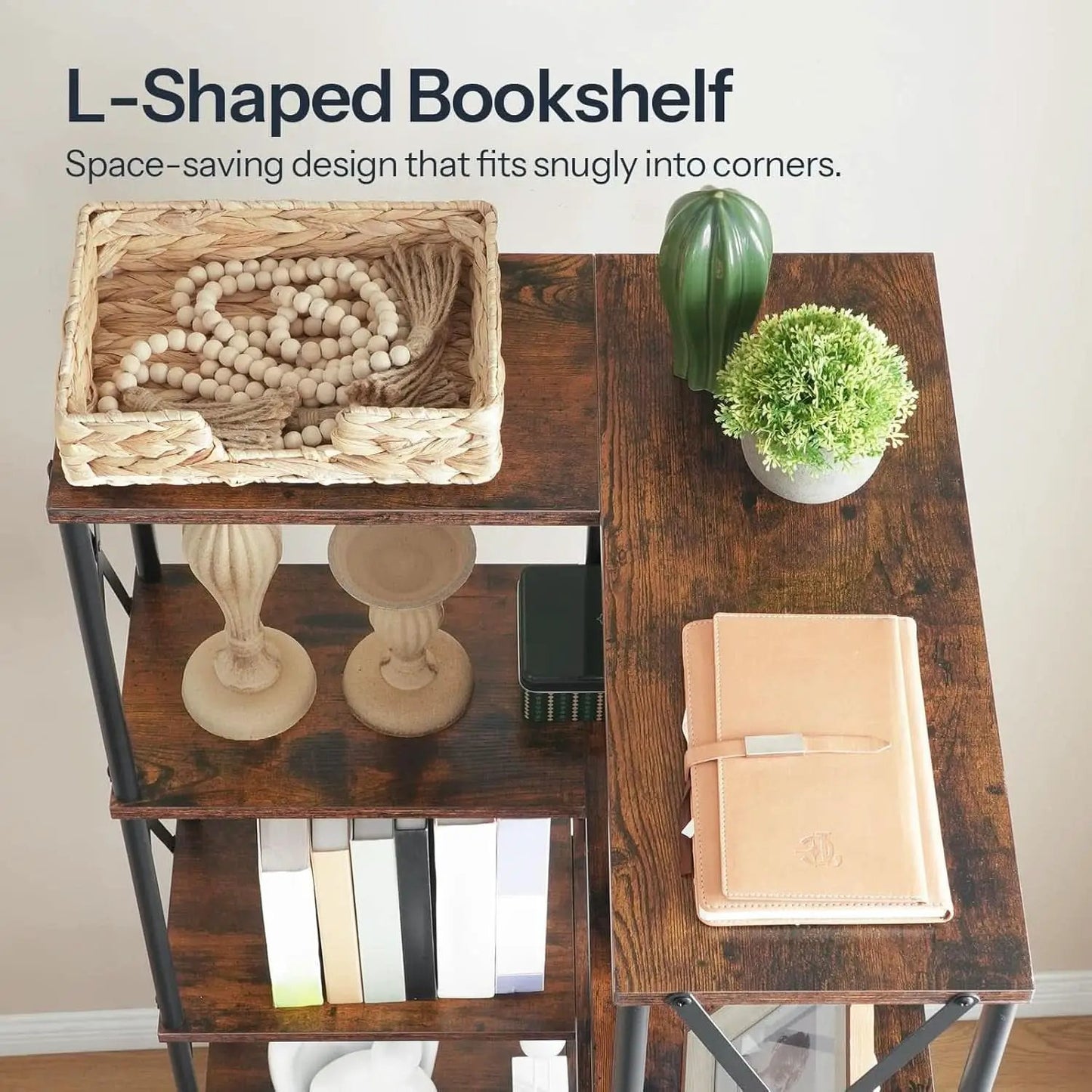 Corner Bookshelf 5-Tier L-Shaped Industrial Bookcase In Rustic Brown from PriceLows™