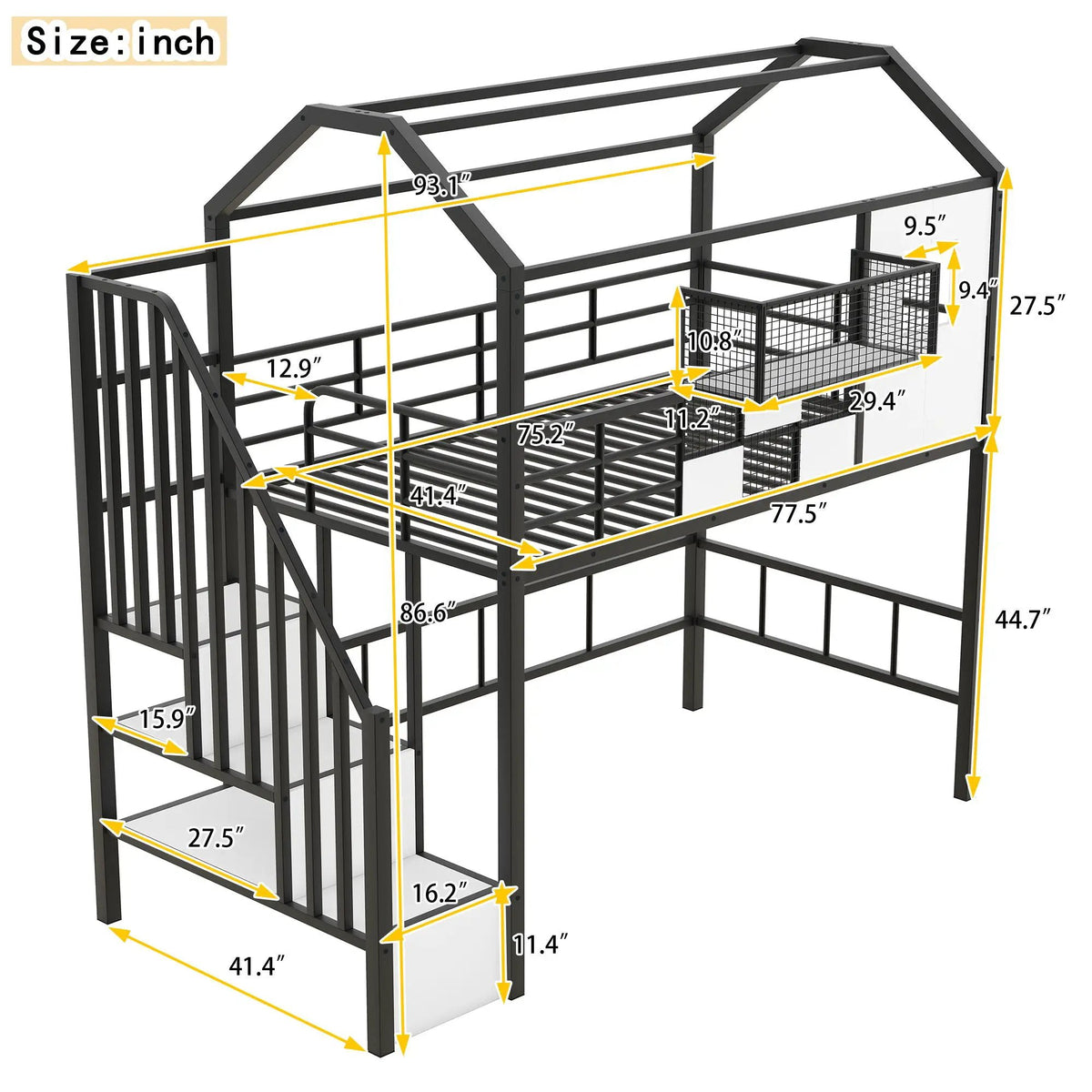 Metal Loft Bed | Roof Design | Storage Box | Integrated Ladder