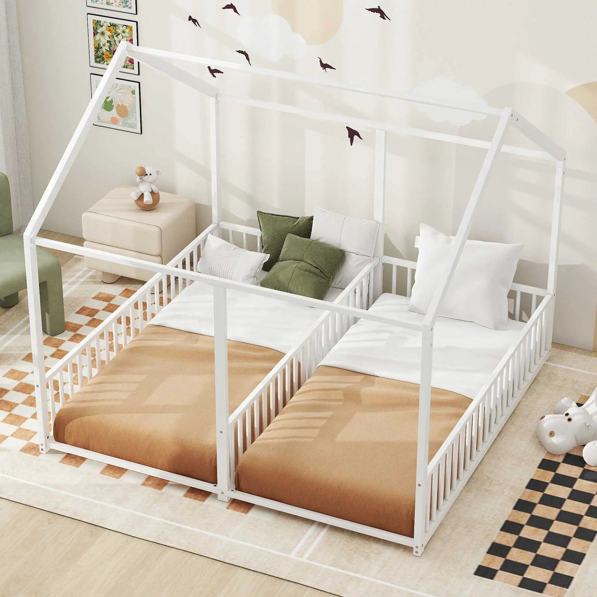 Metal Twin House Platform Bed | Antique White | Set Of 2 With Railing
