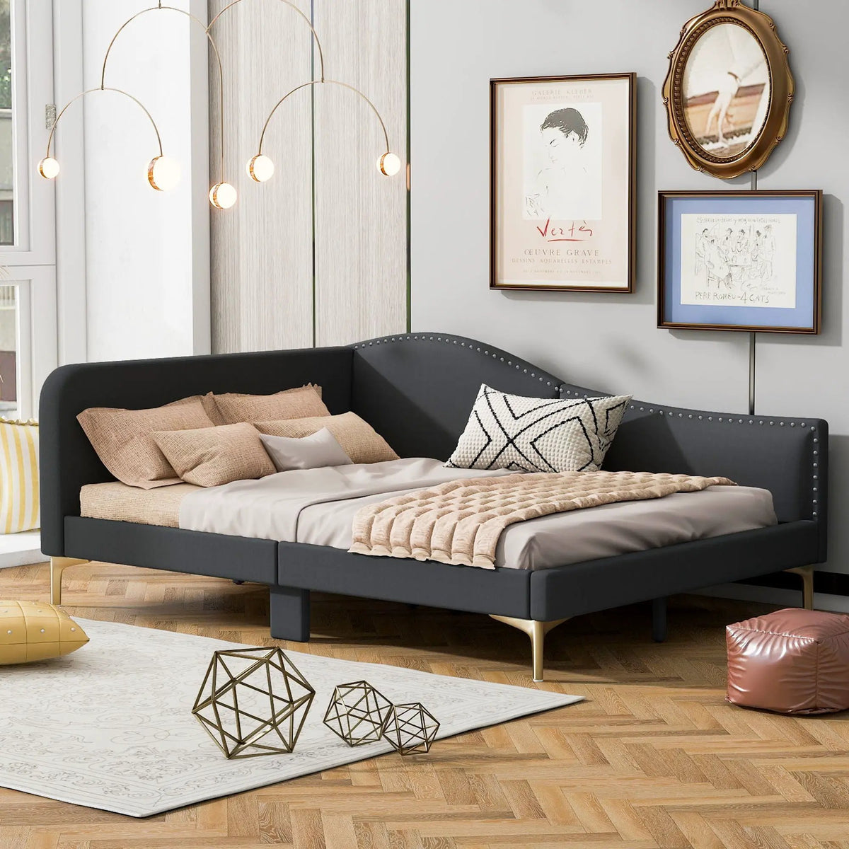 Upholstered Daybed | Headboard And Armrest | Support Legs | 80.5 Inch Length