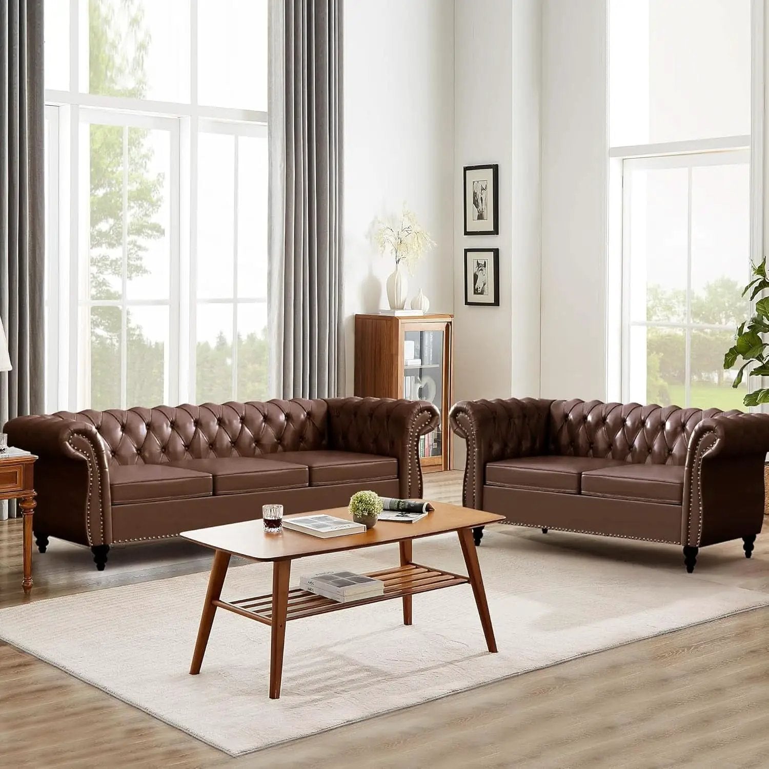 3 Piece Living Room Set With Sectional Chesterfield Sofa Chair And Leather Upholstered Loveseat from PriceLows™