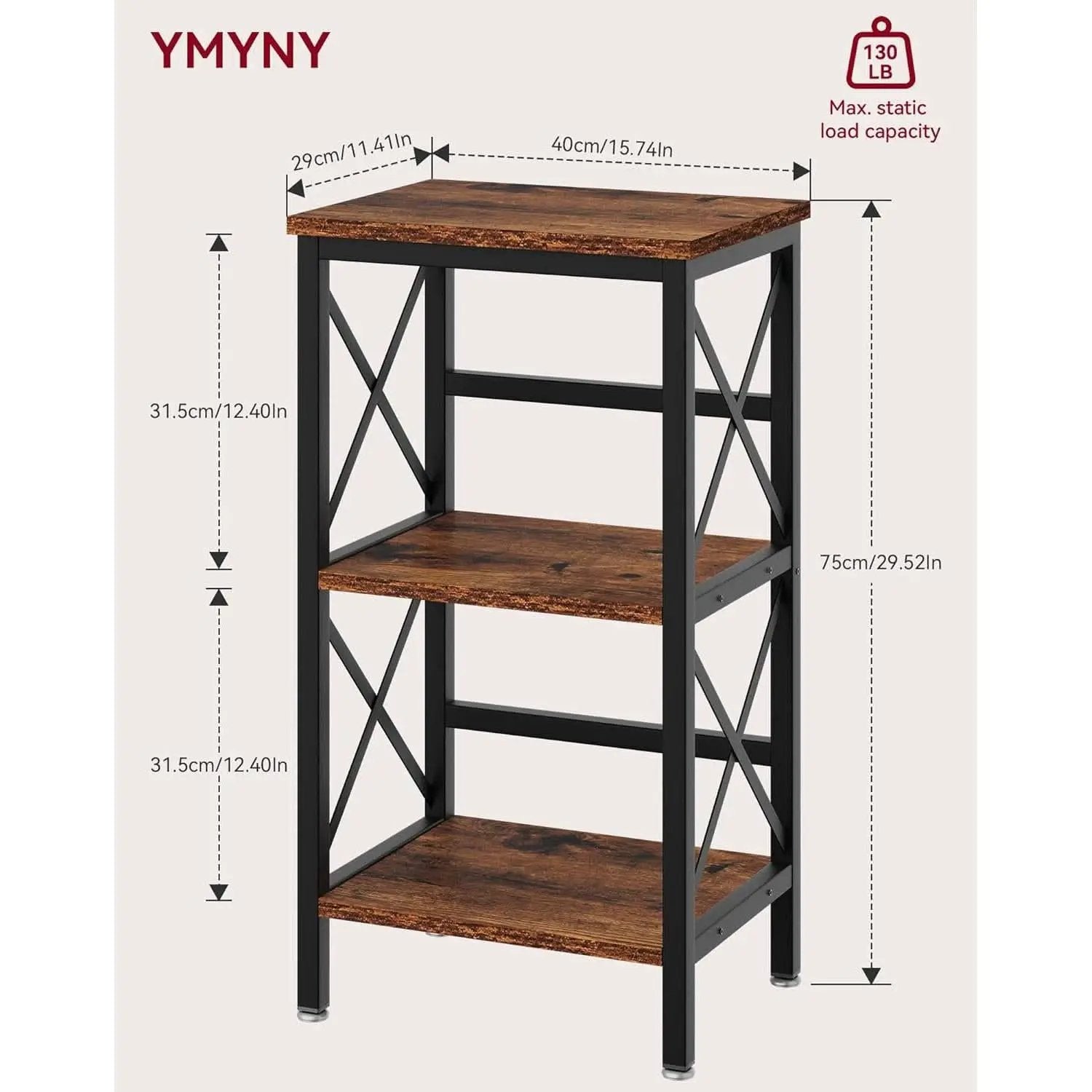 3 Tier Bookcase Industrial Metal Bookshelf With Side Fence in Rustic Brown Living Room Storage Display from PriceLows™