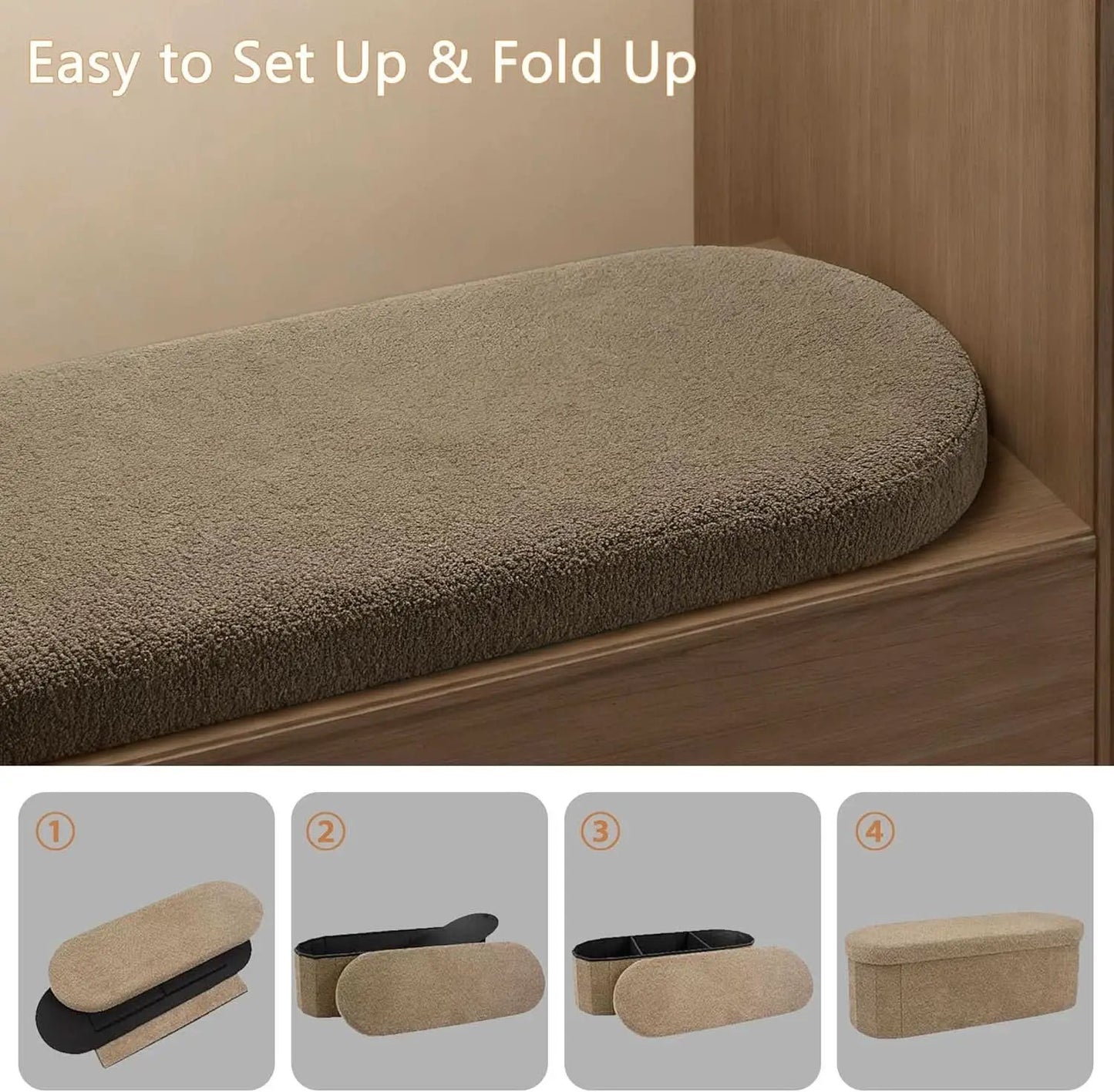 Brown 43 Inch Folding Storage Ottoman Sherpa Fabric from PriceLows™