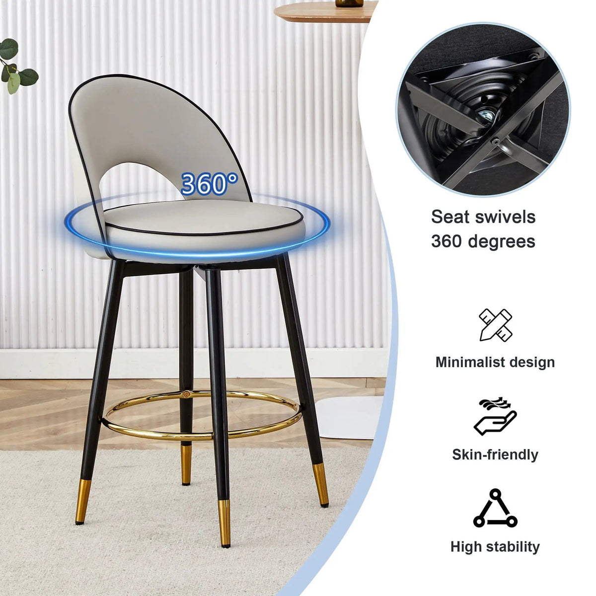 Modern Upholstered 360° Rotatable Bar Chair With Metal Legs For Dining Room (Set of | 2 Pieces | Metal | Dining Room