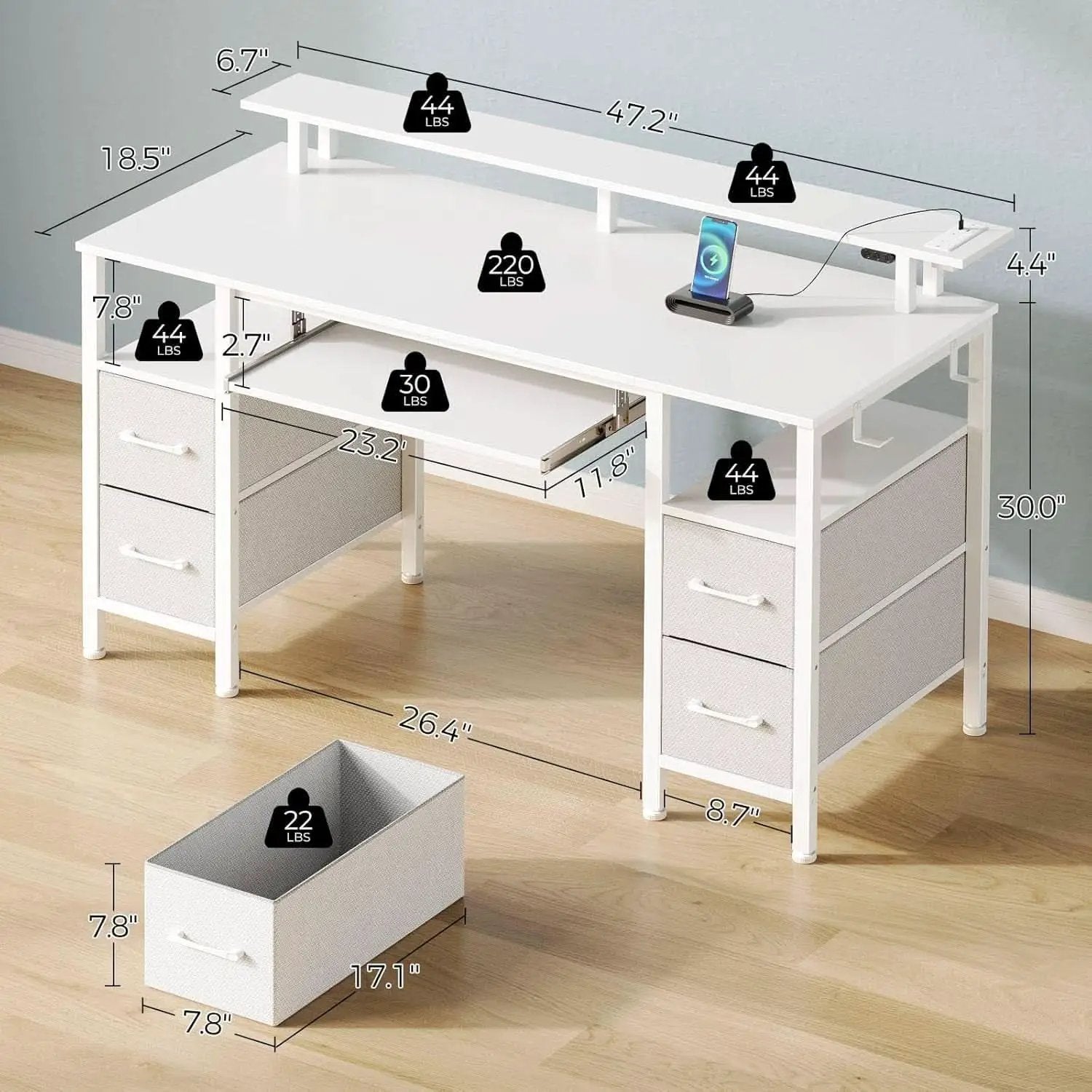47.2 Inch White LED Desk With Power Outlets And Drawers from PriceLows™