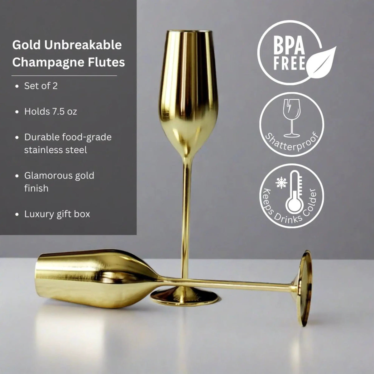 Champagne Flutes | Stainless Steel | Gold Finish | Unbreakable