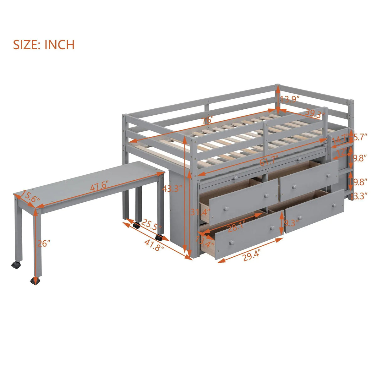 Loft Bed With Retractable Desk | 4 Front Drawers | Lateral Portable Desk | Side Shelves