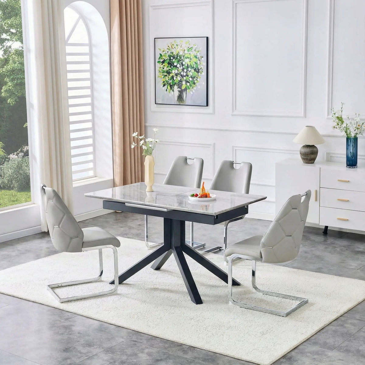 Rectangular Dining Table With Geometric Legs For Dining Room - | 67.01 x 31.6 x 29.9 in | Iron & Metal | Light Gray