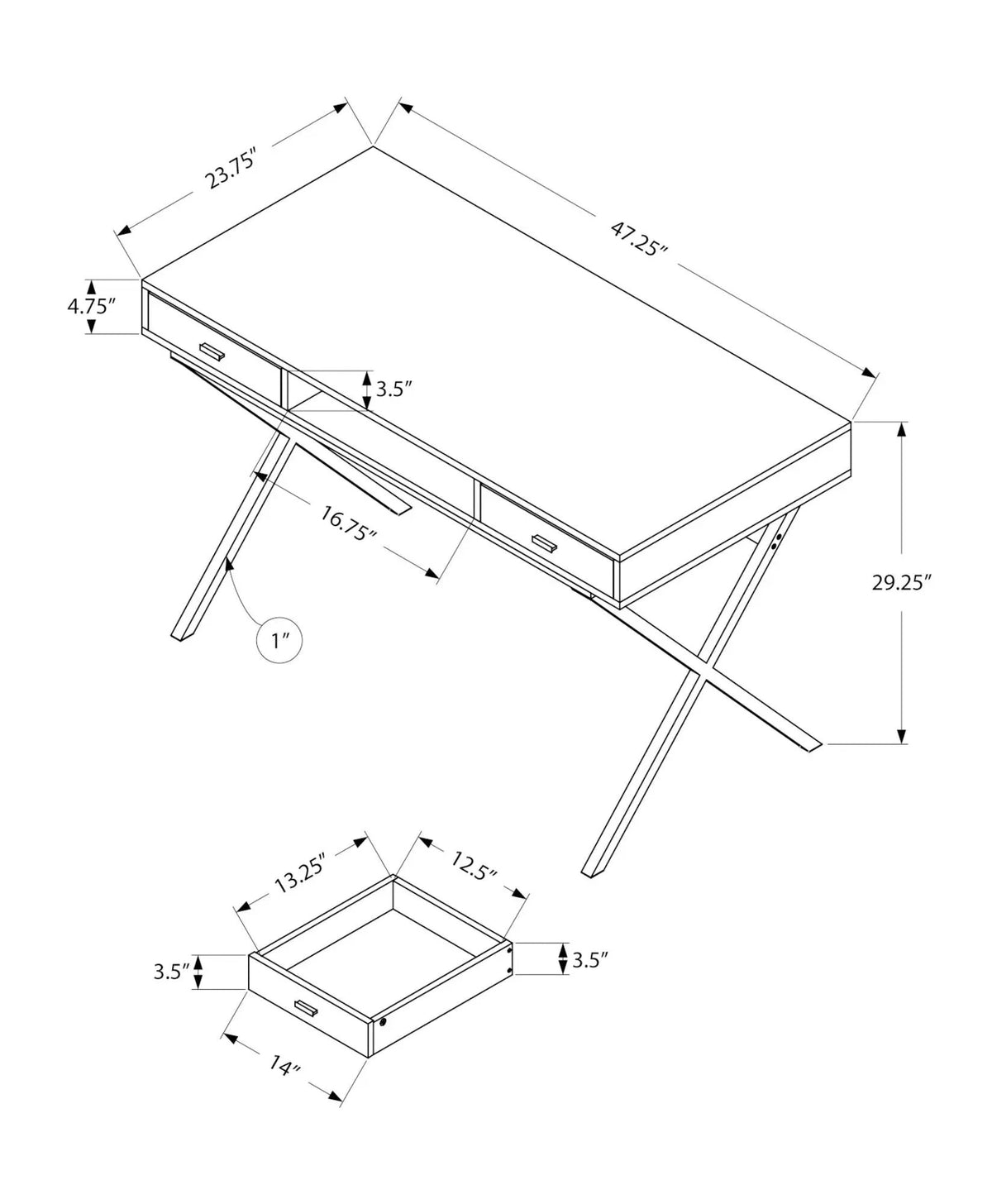 Glossy Contemporary Computer Desk | Thick Panel Tabletop | Storage Drawers | 29.25 Inch Height