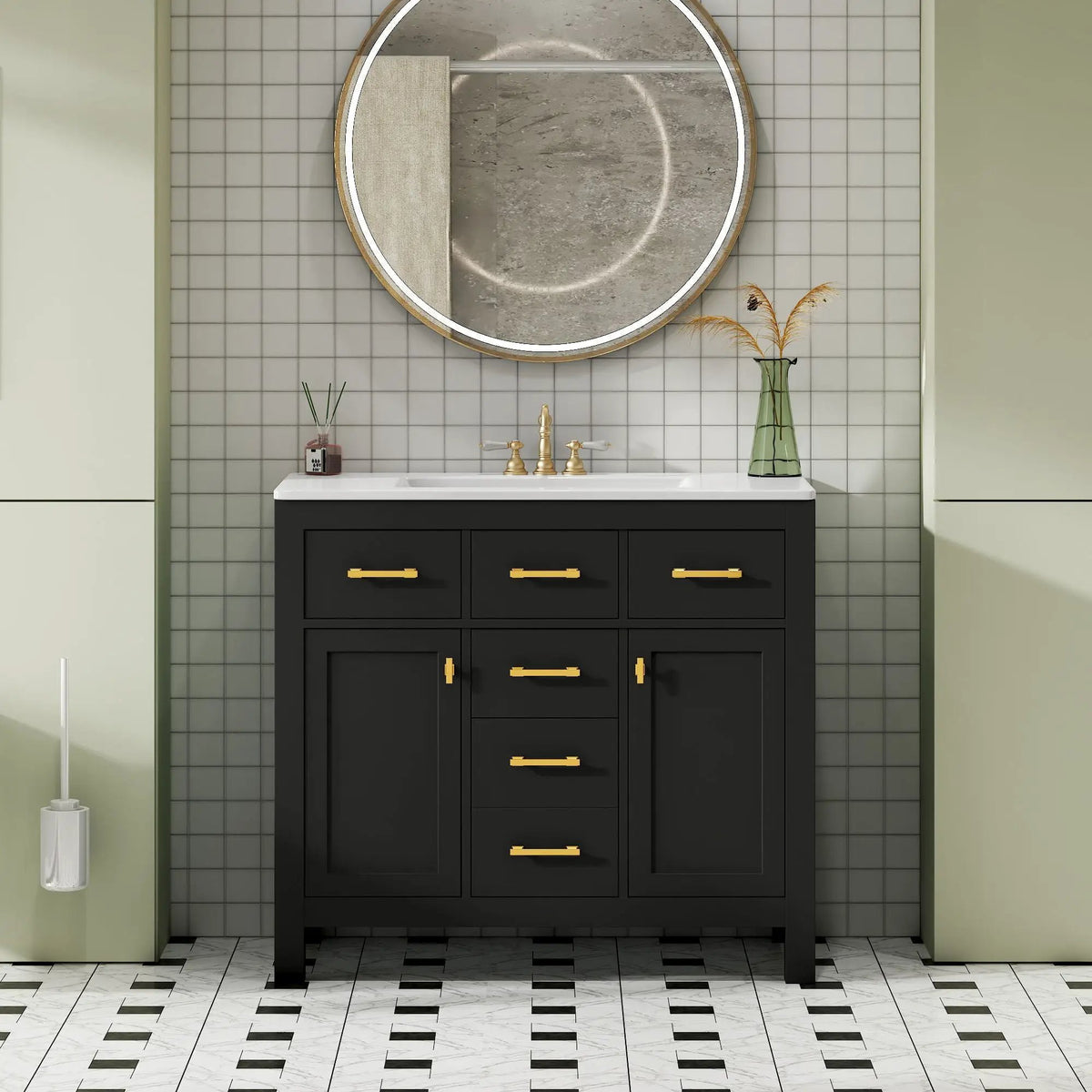 36 Inch Bathroom Vanity | Resin Sink Combo Set | 4 Drawers | Solid Wood Feet