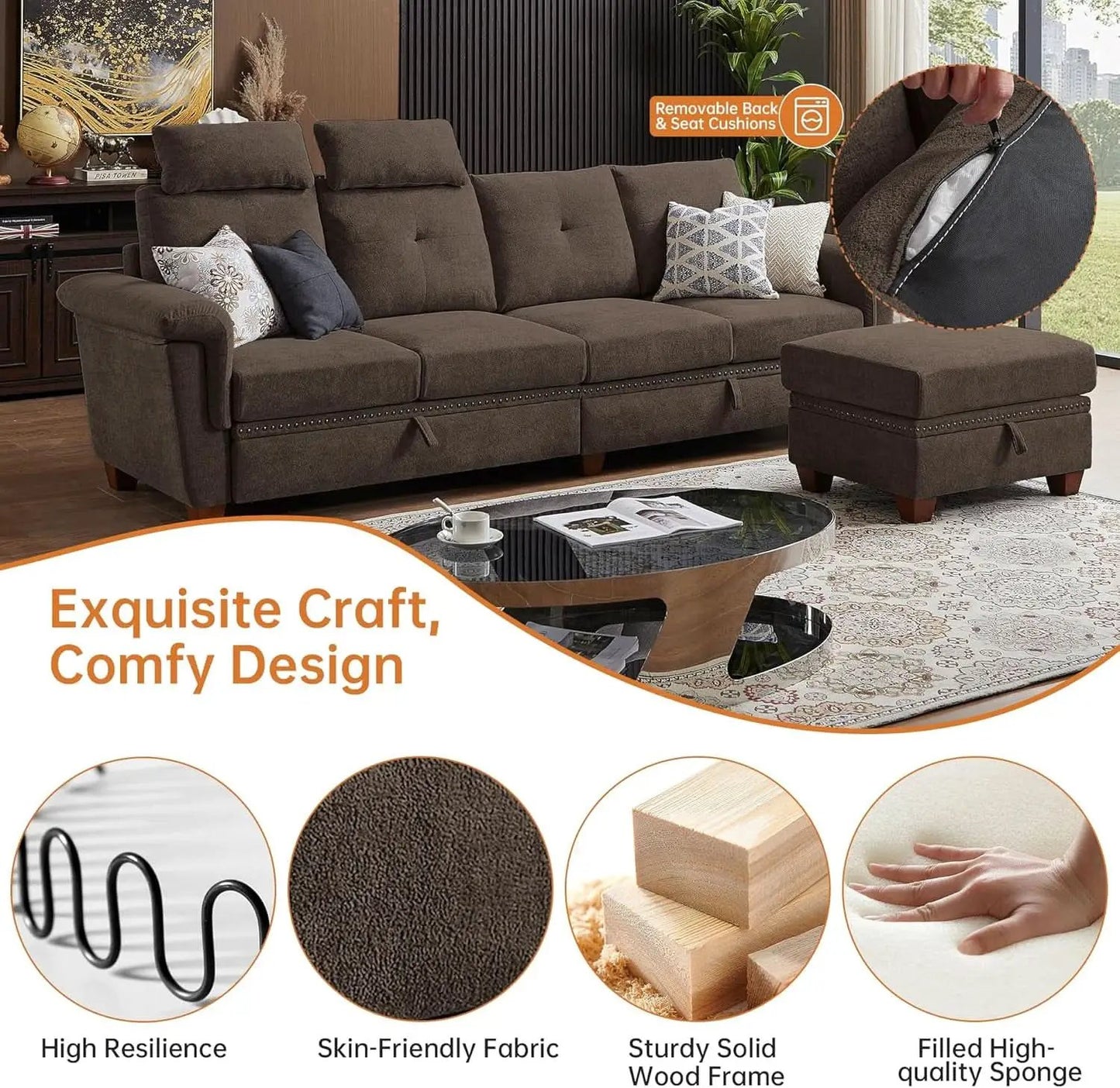 110 Inch Convertible Sectional Sofa With Storage Microfiber L Shaped Couch Ottoman Cup Holders from PriceLows™
